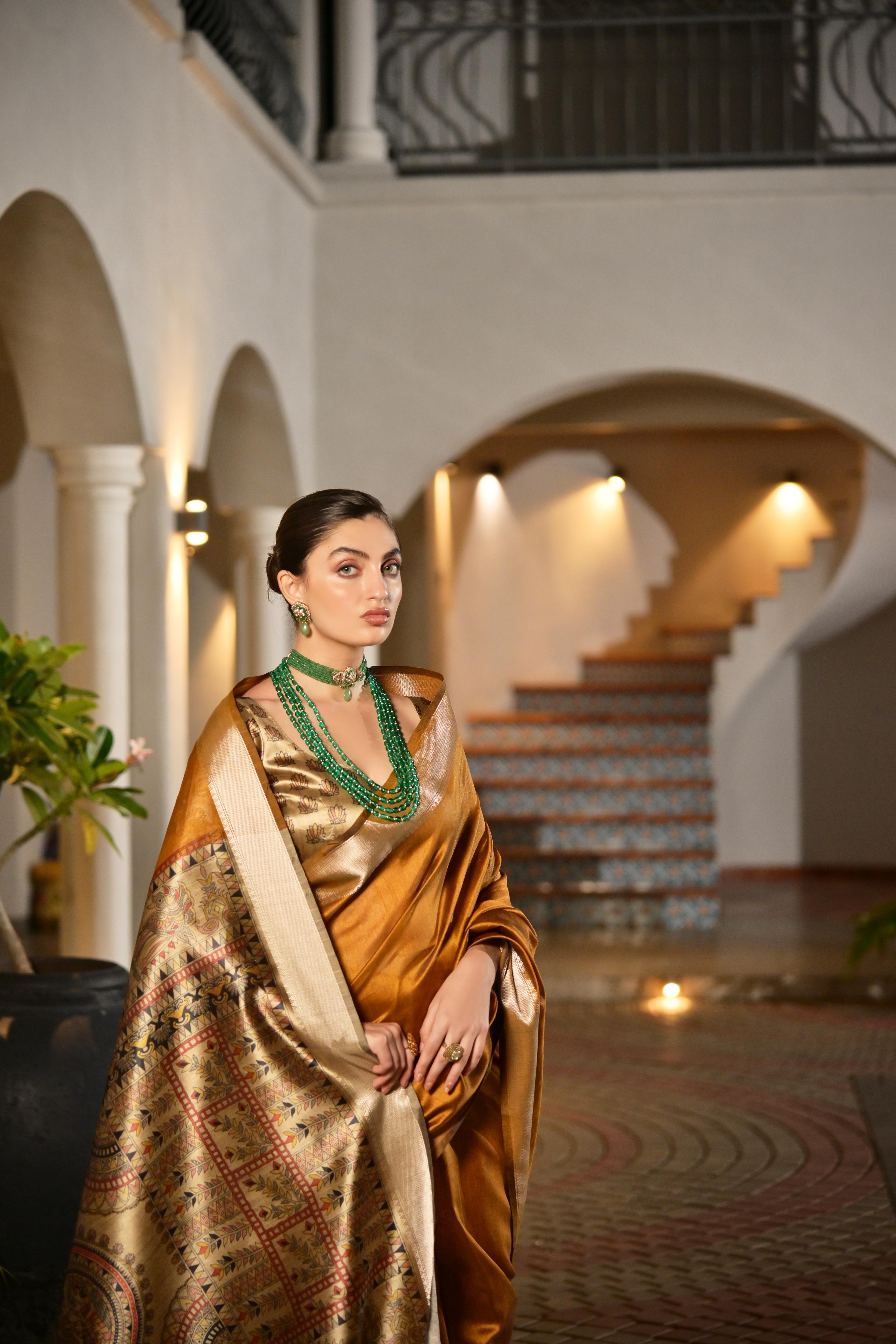Jyoti Fashion Women's Mustard Soft Khadi Raw Silk Zari Woven Saree with Blouse