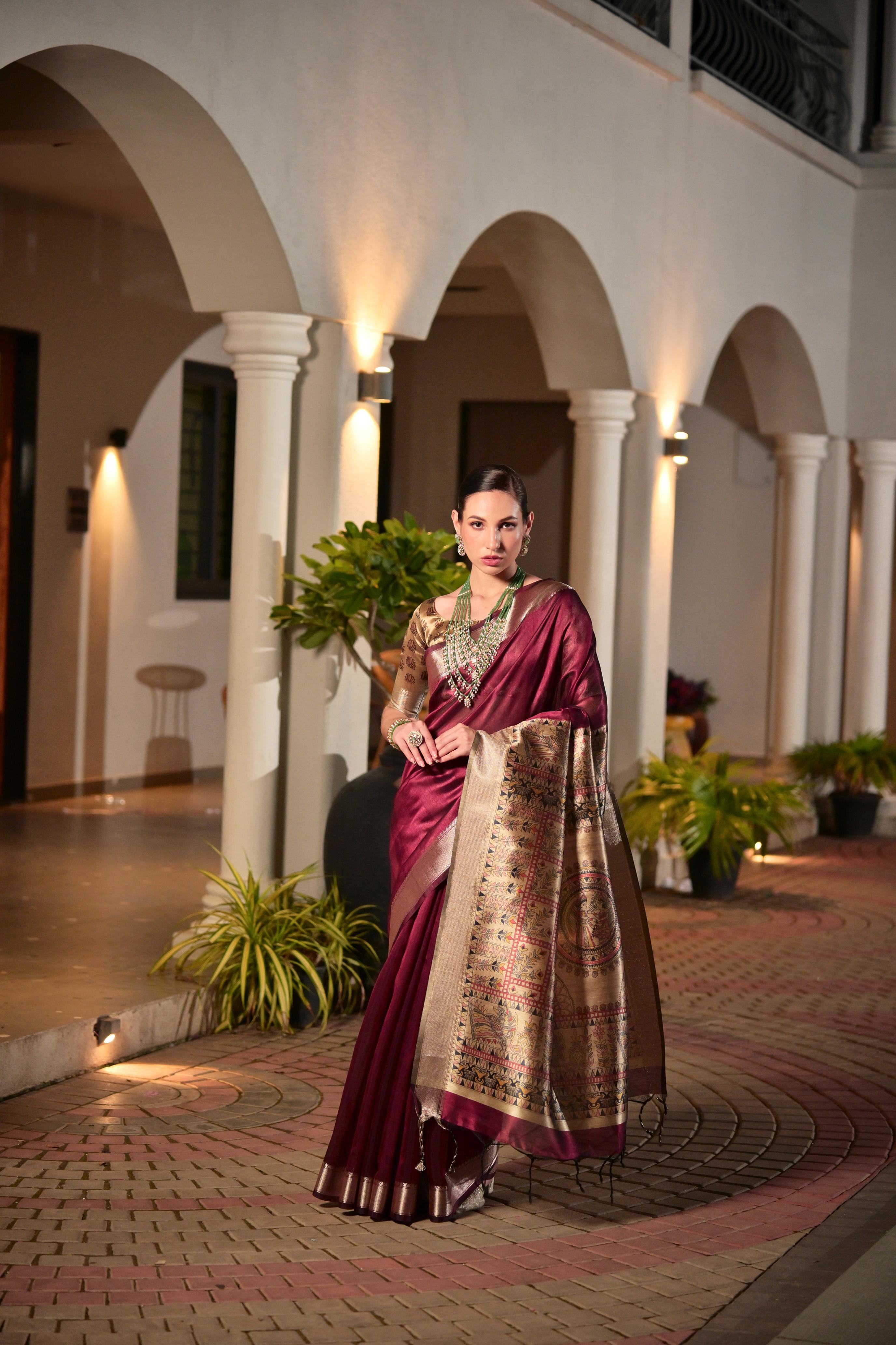 Jyoti Fashion Women's Maroon Soft Khadi Raw Silk Zari Woven Saree with Blouse