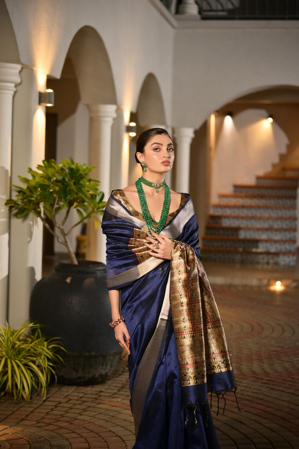 Jyoti Fashion Women's Navy Blue Soft Khadi Raw Silk Zari Woven Saree with Blouse