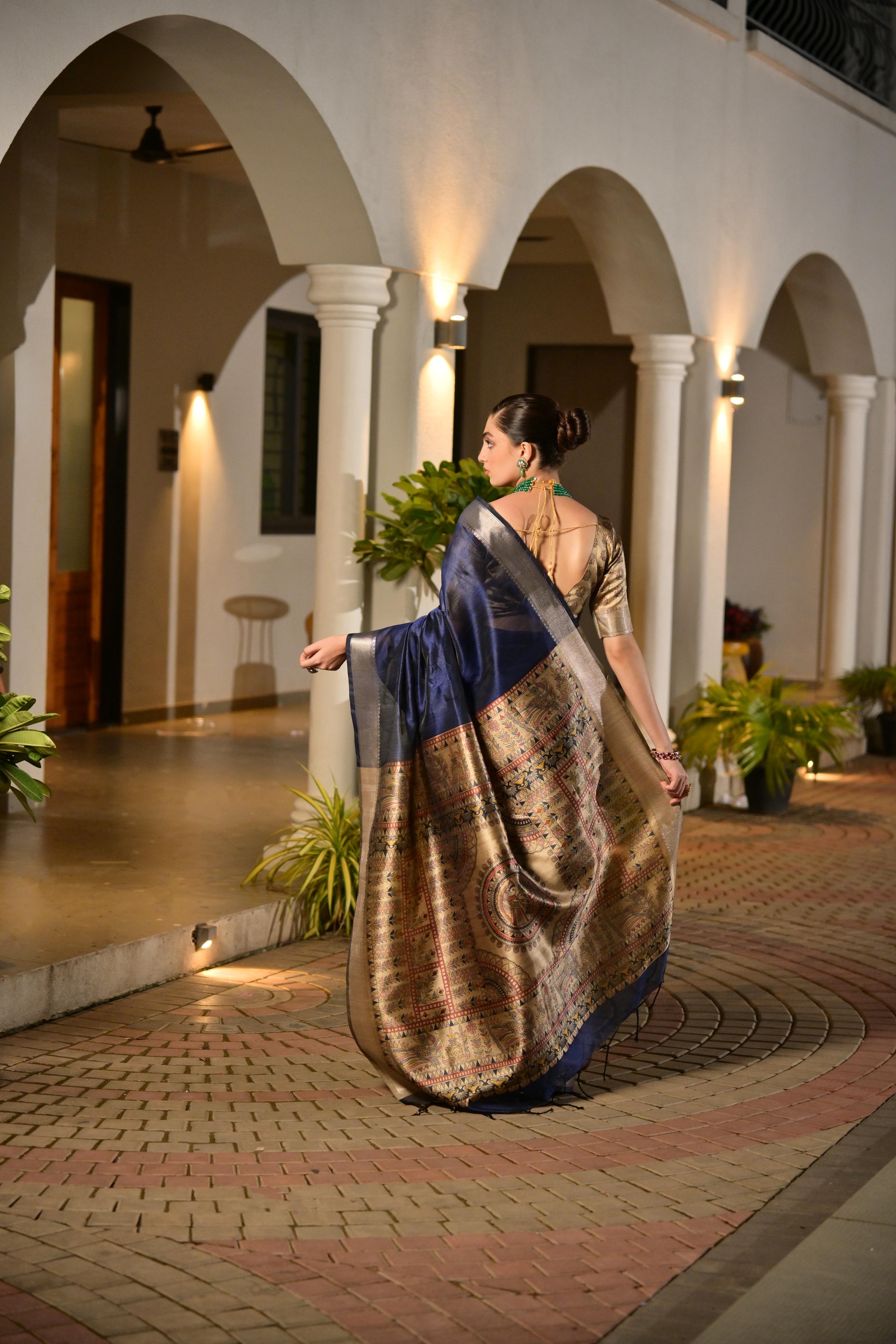 Jyoti Fashion Women's Navy Blue Soft Khadi Raw Silk Zari Woven Saree with Blouse