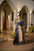 Jyoti Fashion Women's Navy Blue Soft Khadi Raw Silk Zari Woven Saree with Blouse