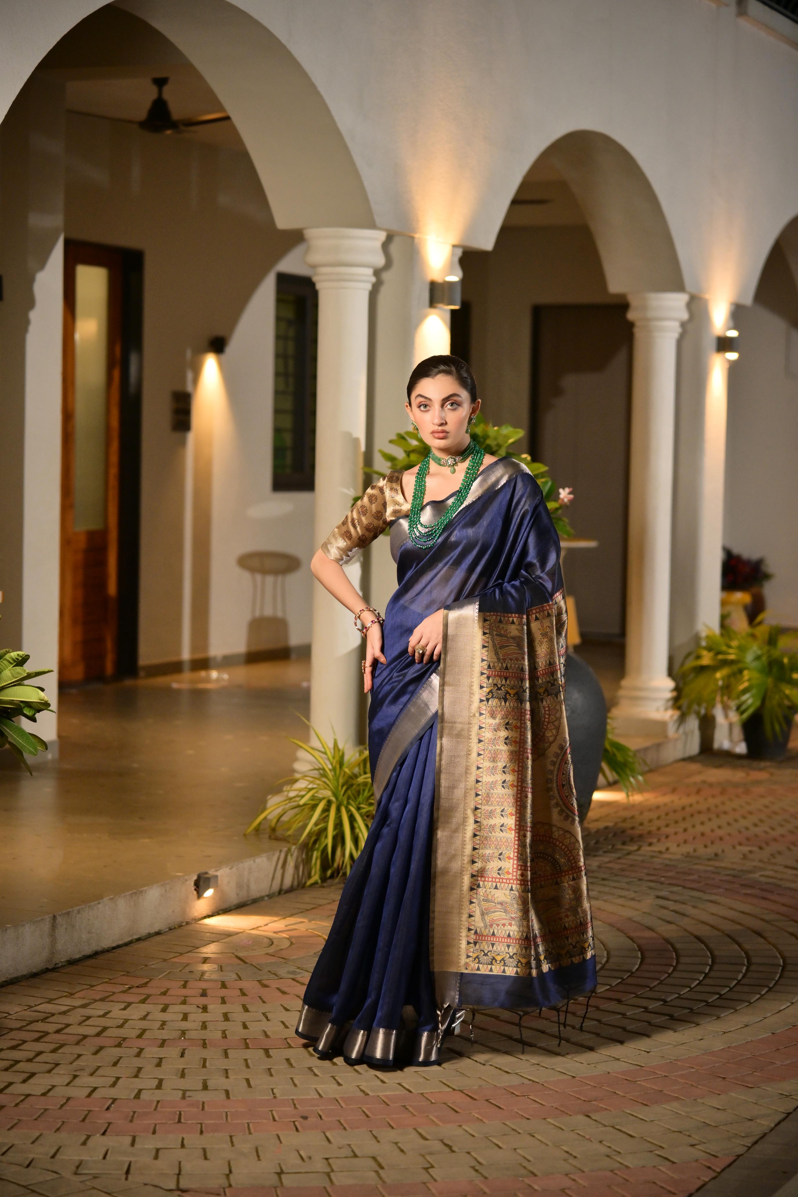 Jyoti Fashion Women's Navy Blue Soft Khadi Raw Silk Zari Woven Saree with Blouse