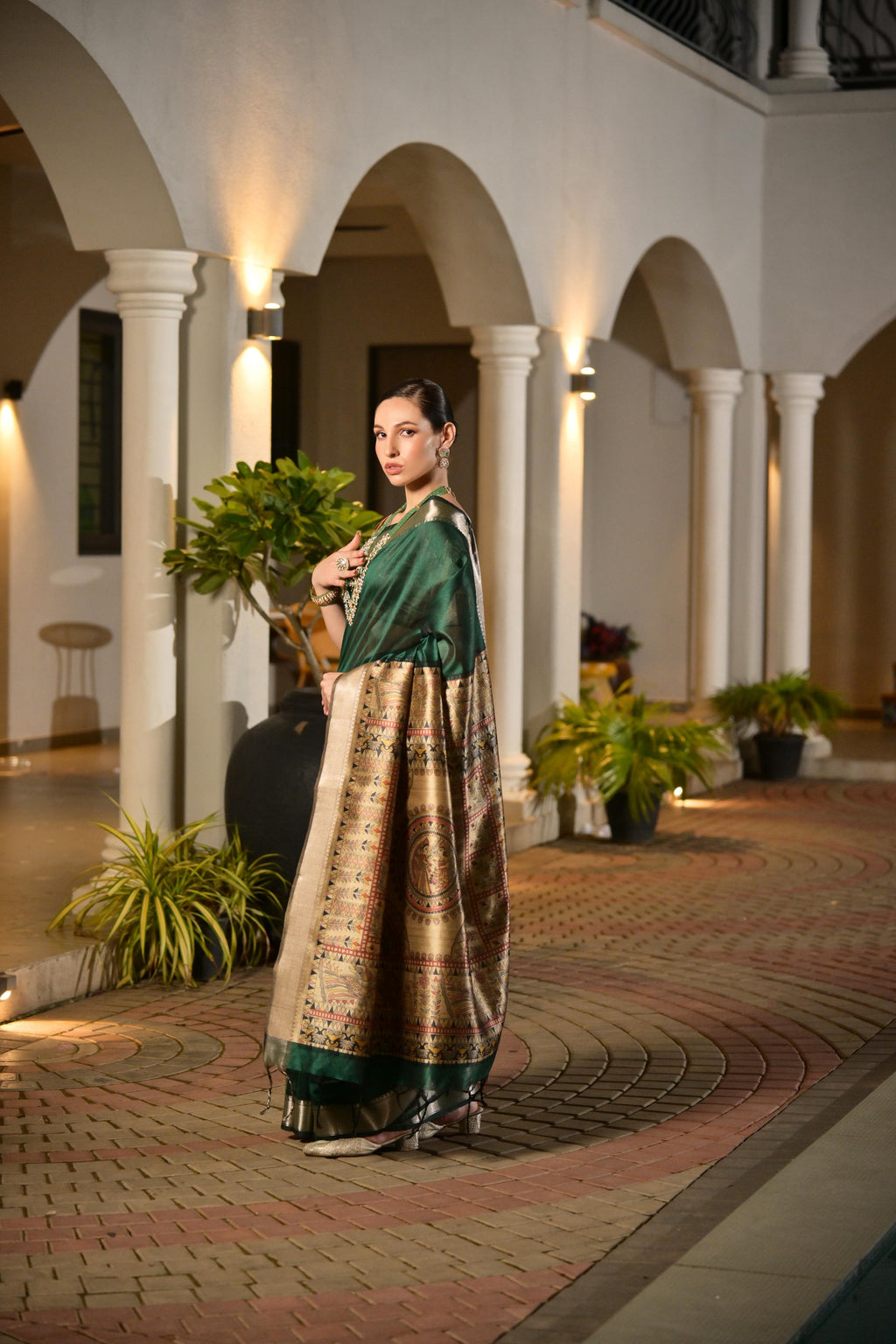 Jyoti Fashion Women's Bottle Green Soft Khadi Raw Silk Zari Woven Saree with Blouse