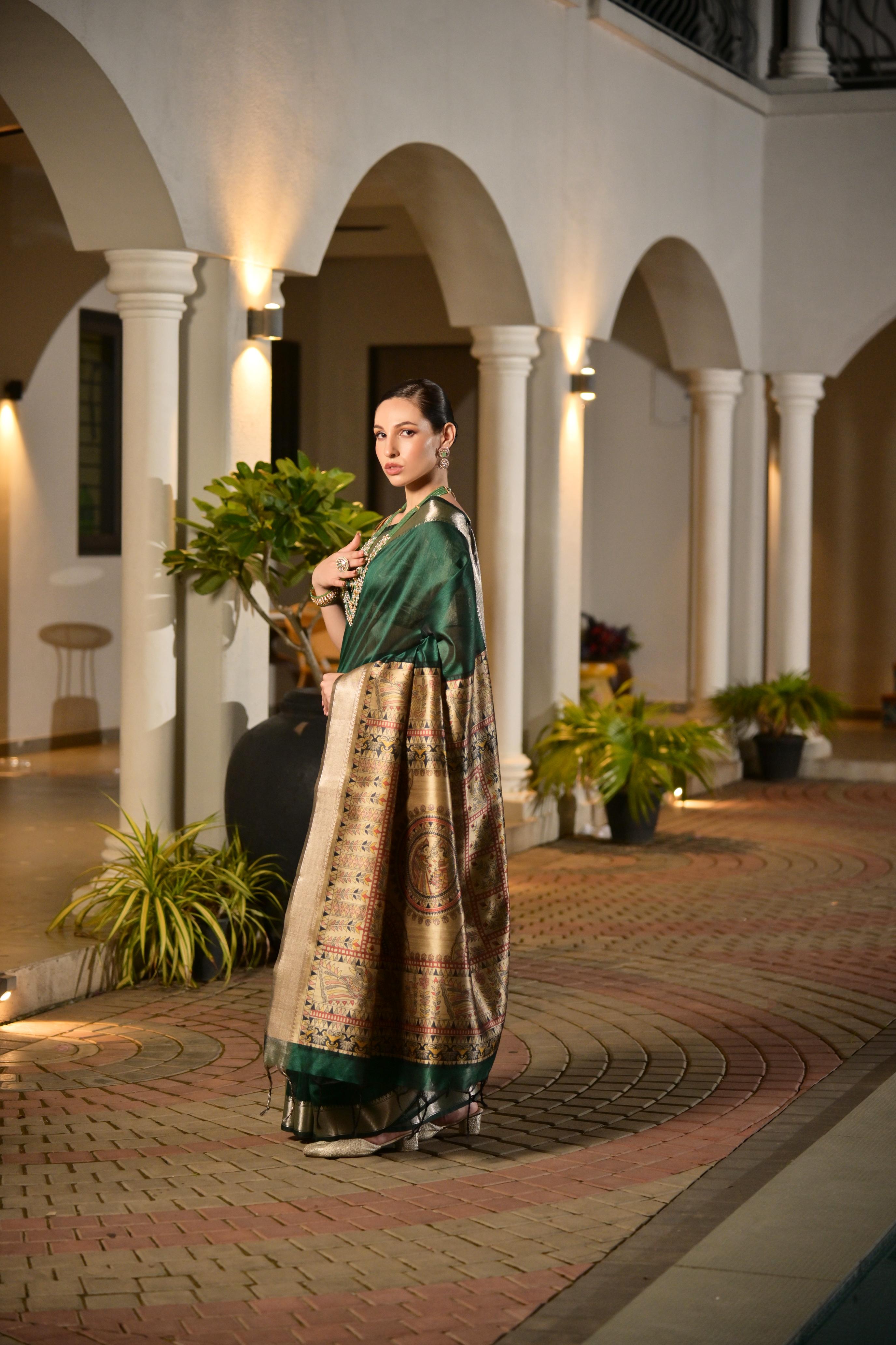 Jyoti Fashion Women's Bottle Green Soft Khadi Raw Silk Zari Woven Saree with Blouse