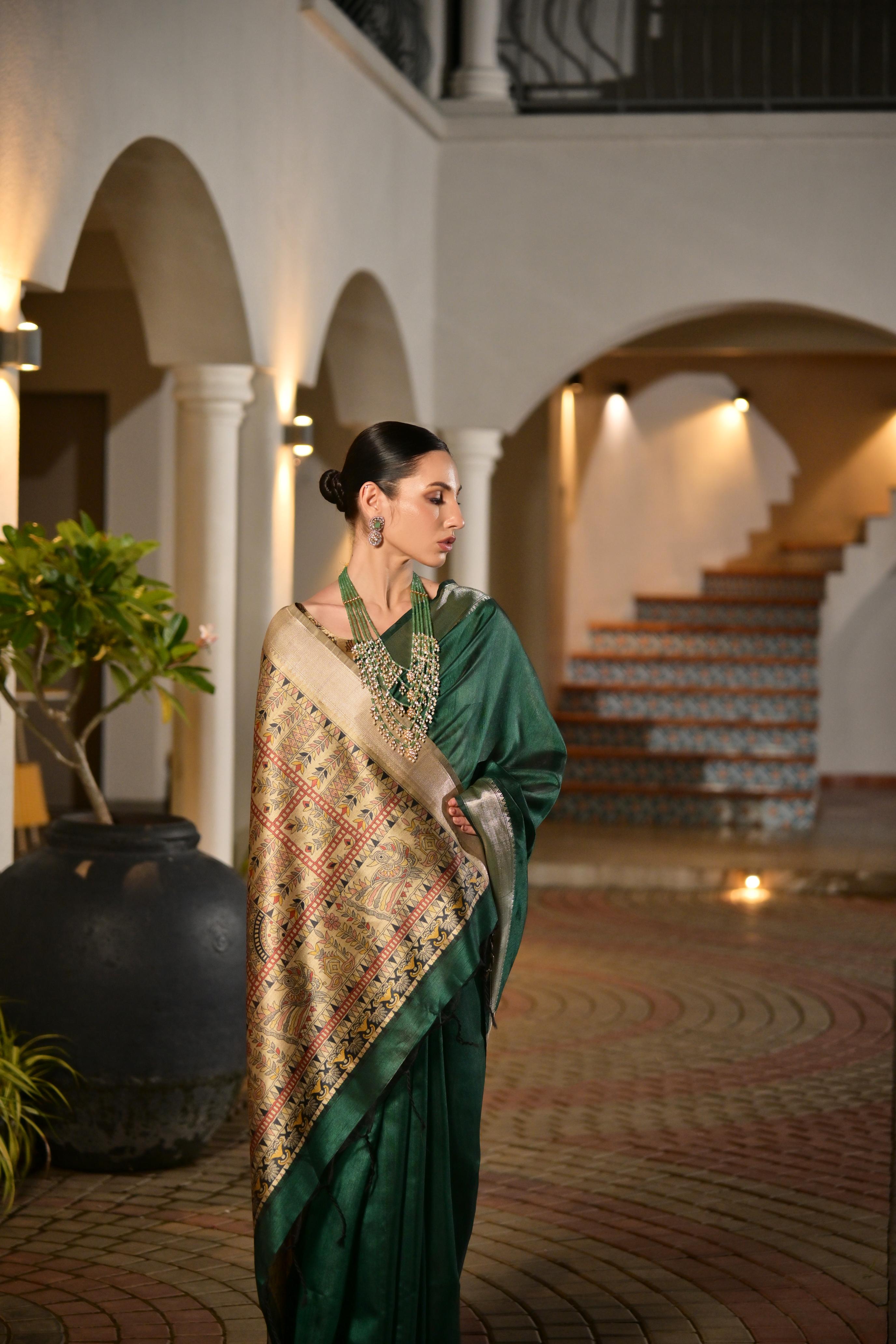 Jyoti Fashion Women's Bottle Green Soft Khadi Raw Silk Zari Woven Saree with Blouse