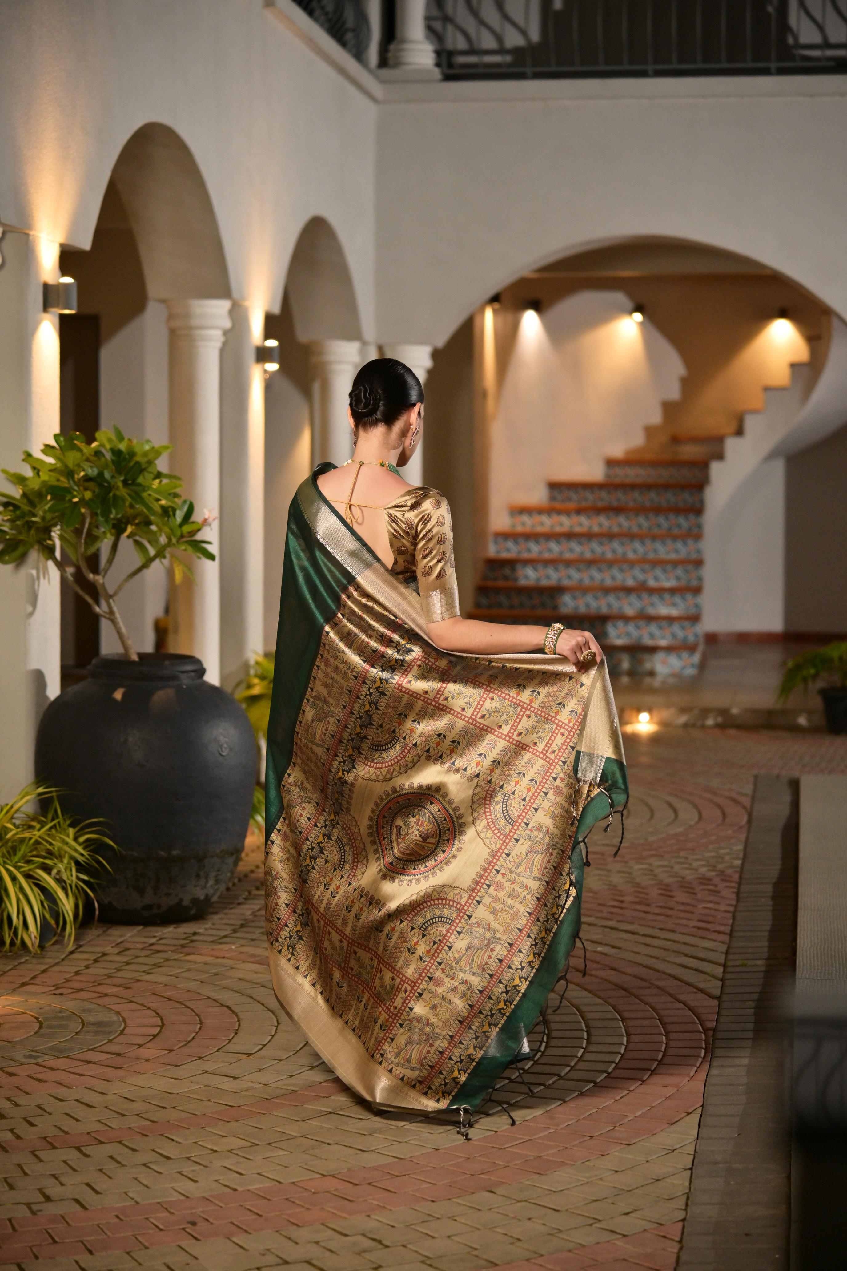 Jyoti Fashion Women's Bottle Green Soft Khadi Raw Silk Zari Woven Saree with Blouse