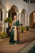 Jyoti Fashion Women's Bottle Green Soft Khadi Raw Silk Zari Woven Saree with Blouse