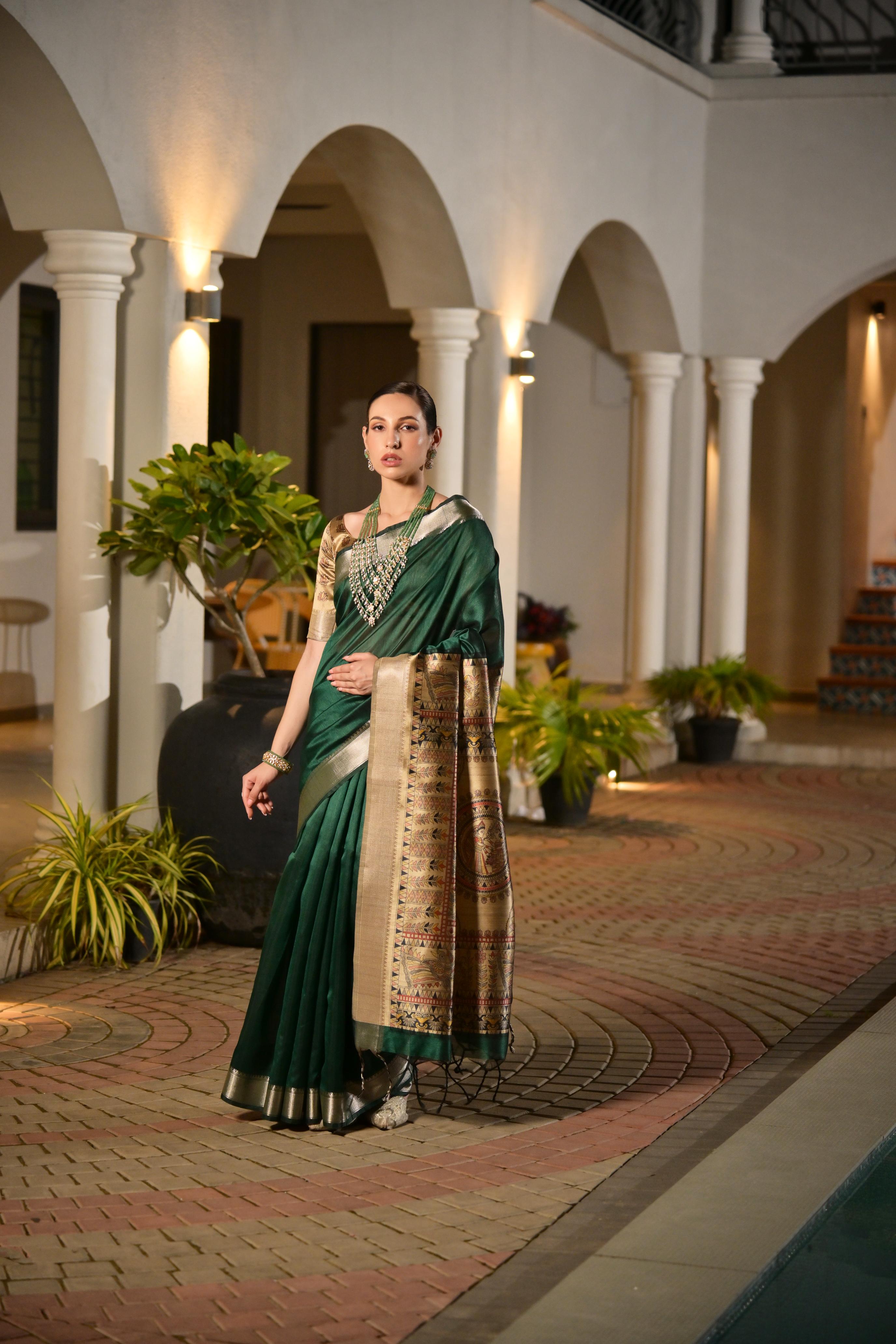 Jyoti Fashion Women's Bottle Green Soft Khadi Raw Silk Zari Woven Saree with Blouse