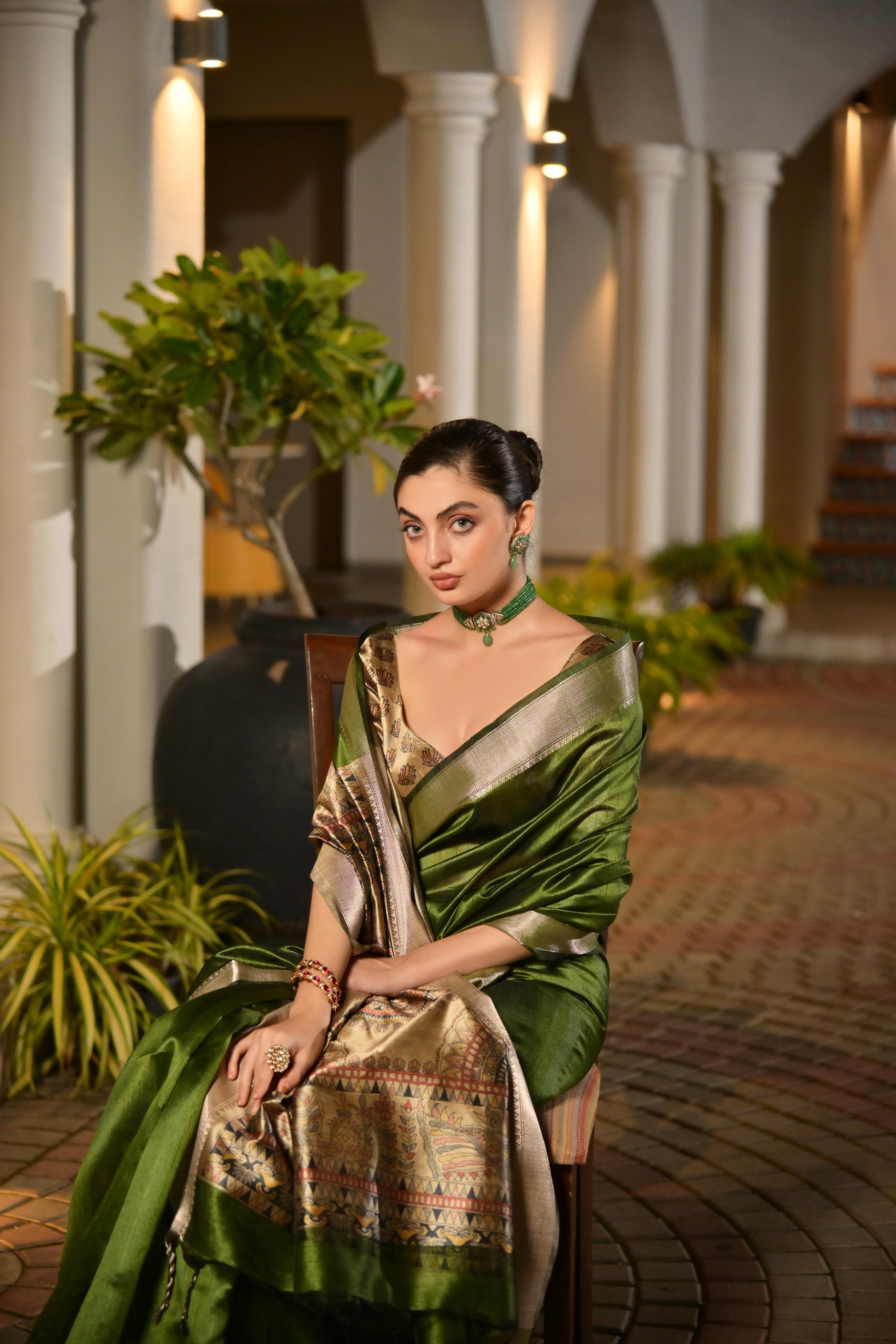 Jyoti Fashion Women's Green Soft Khadi Raw Silk Zari Woven Saree with Blouse