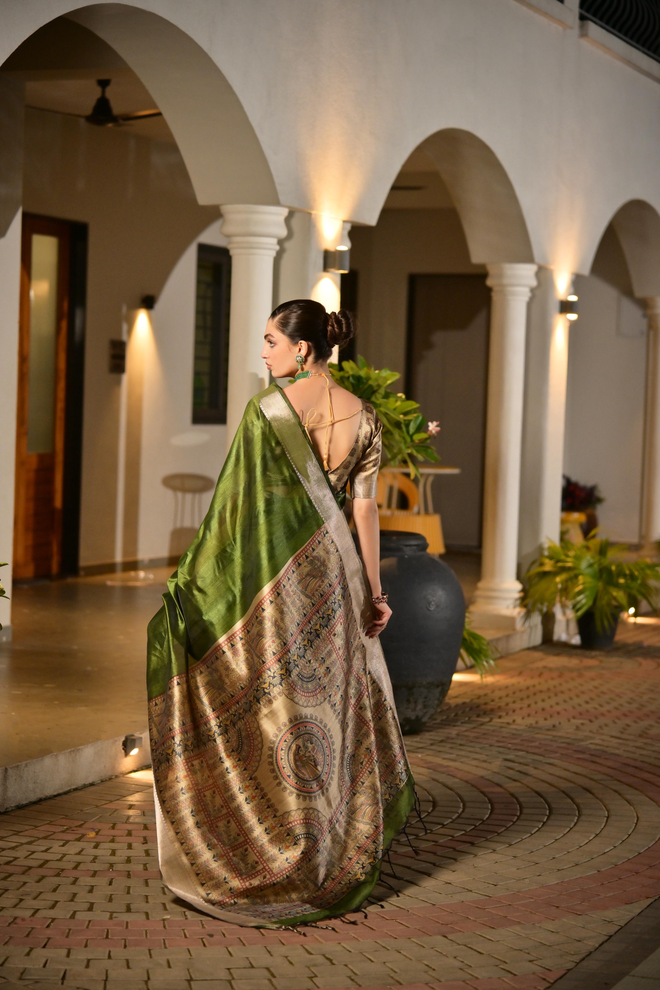 Jyoti Fashion Women's Green Soft Khadi Raw Silk Zari Woven Saree with Blouse