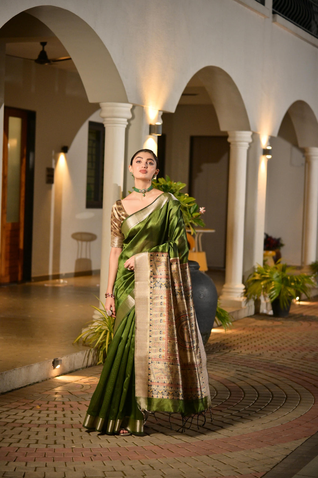 Jyoti Fashion Women's Green Soft Khadi Raw Silk Zari Woven Saree with Blouse