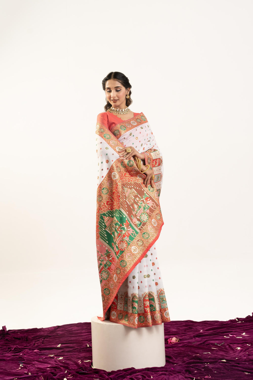 Jyoti Fashion Women's White Banarasi Pashmina Soft Silk Zari Woven Saree with Blouse