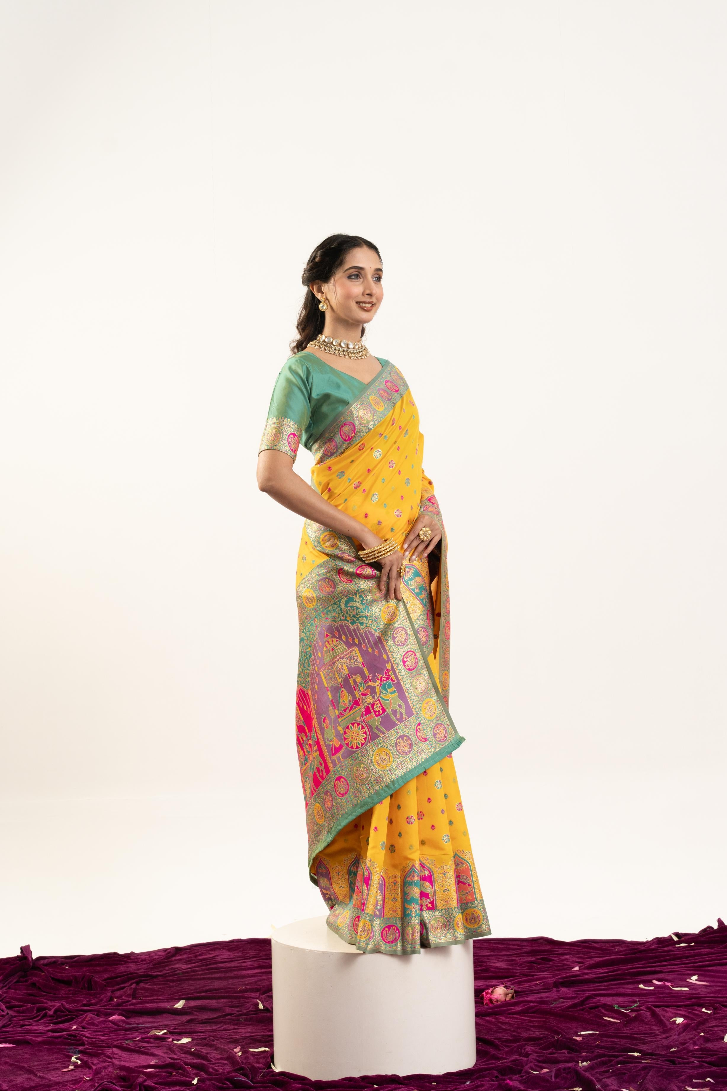 Jyoti Fashion Women's Yellow Banarasi Pashmina Soft Silk Zari Woven Saree with Blouse