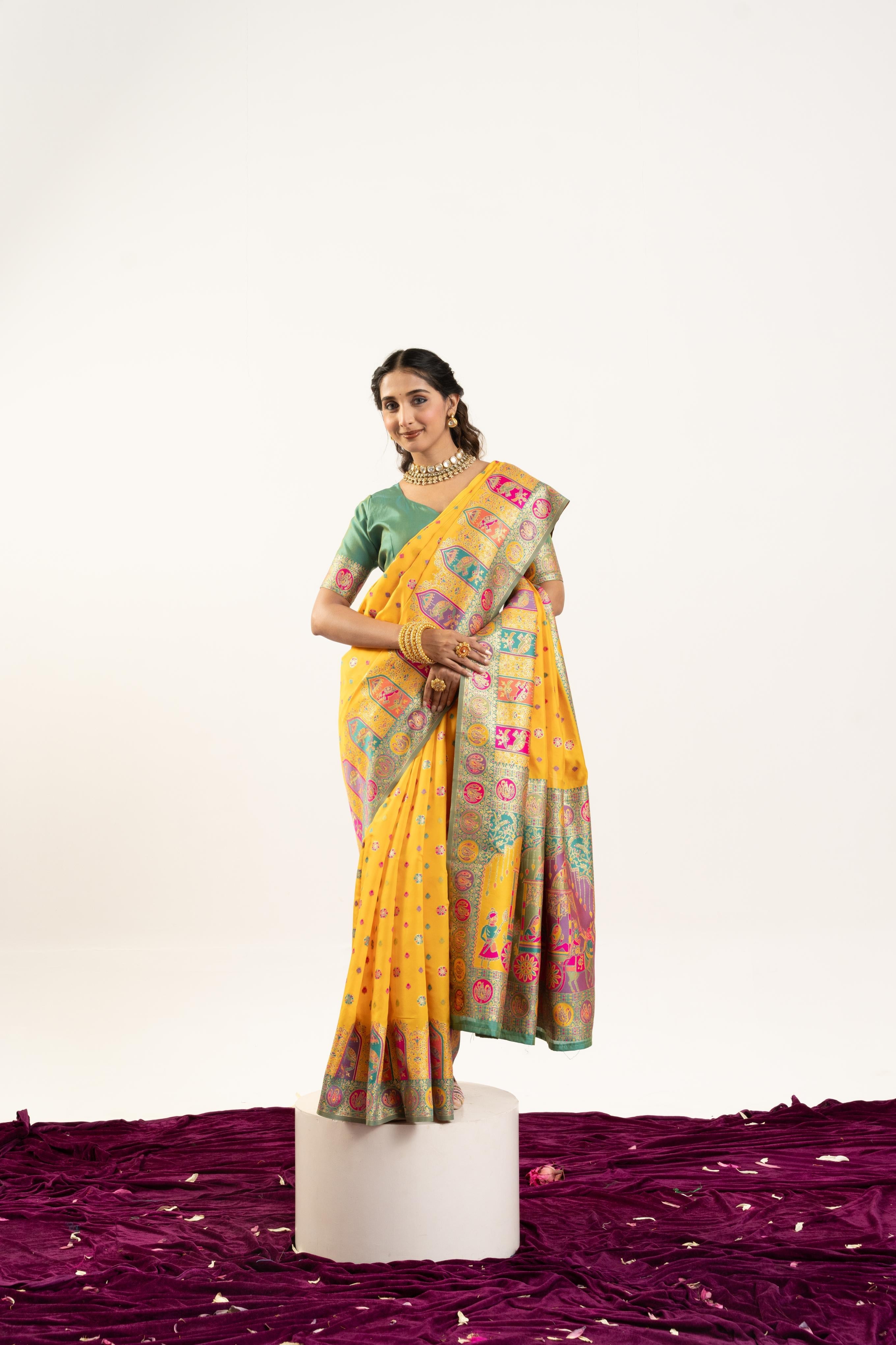Jyoti Fashion Women's Yellow Banarasi Pashmina Soft Silk Zari Woven Saree with Blouse