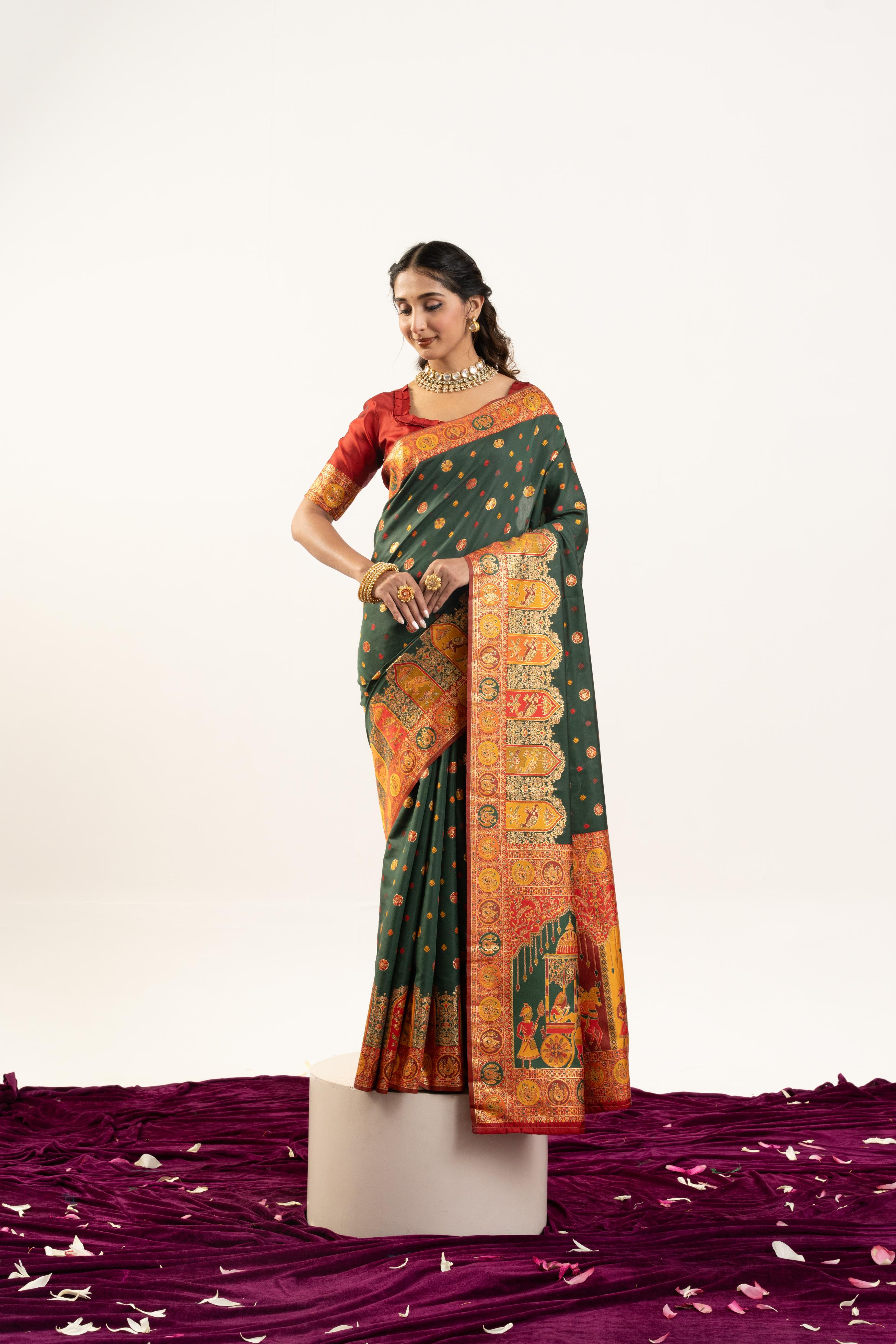 Jyoti Fashion Women's Bottle Green Banarasi Pashmina Soft Silk Zari Woven Saree with Blouse