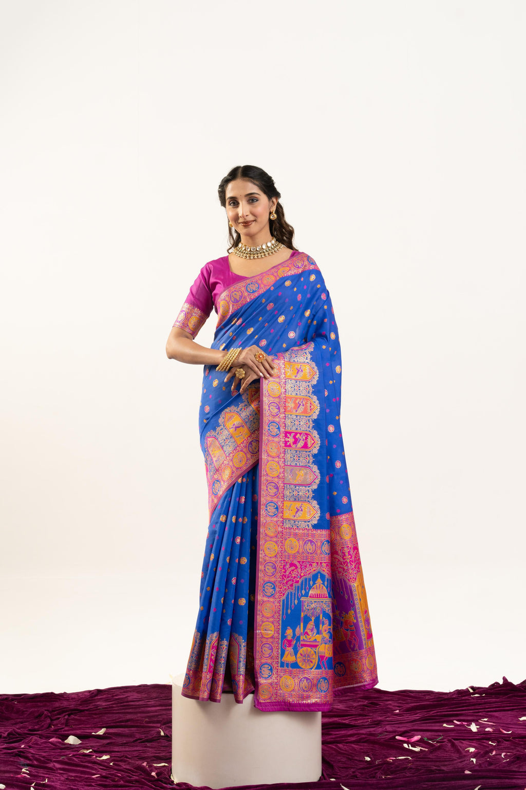 Jyoti Fashion Women's Blue Banarasi Pashmina Soft Silk Zari Woven Saree with Blouse