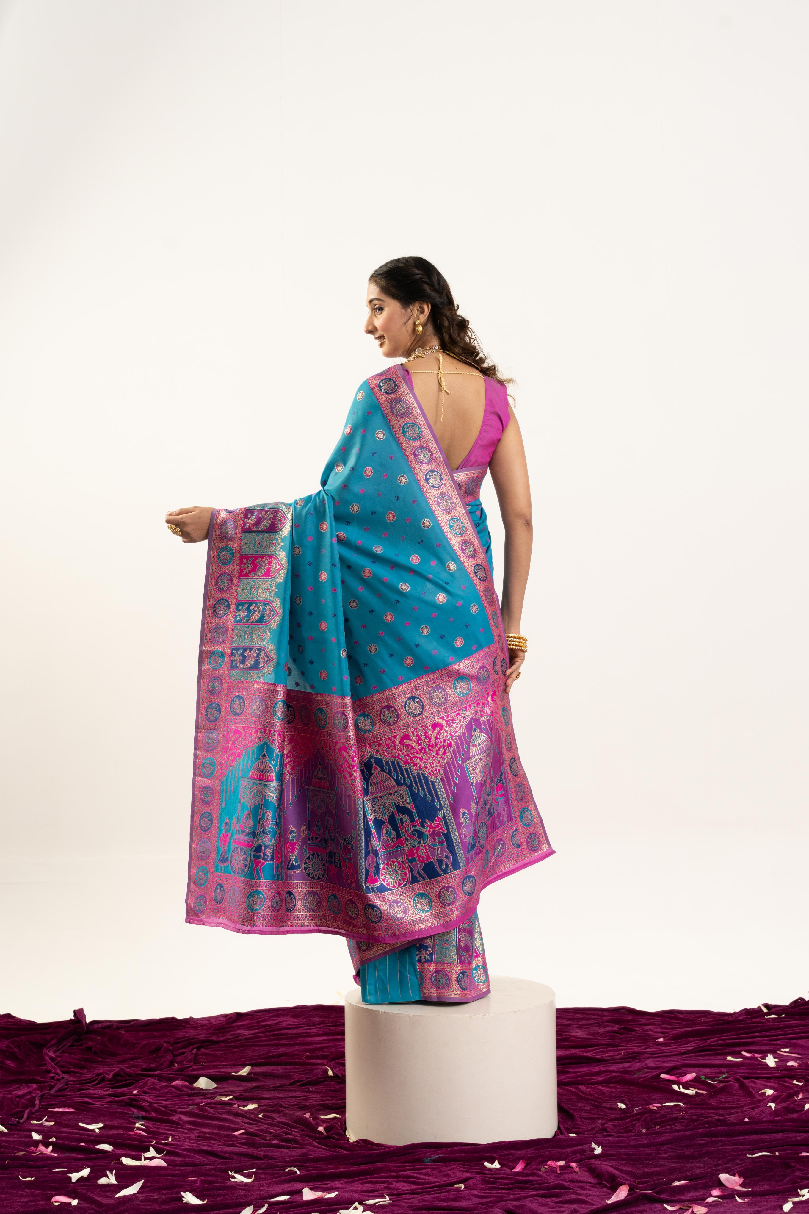 Jyoti Fashion Women's Turquoise Banarasi Pashmina Soft Silk Zari Woven Saree with Blouse