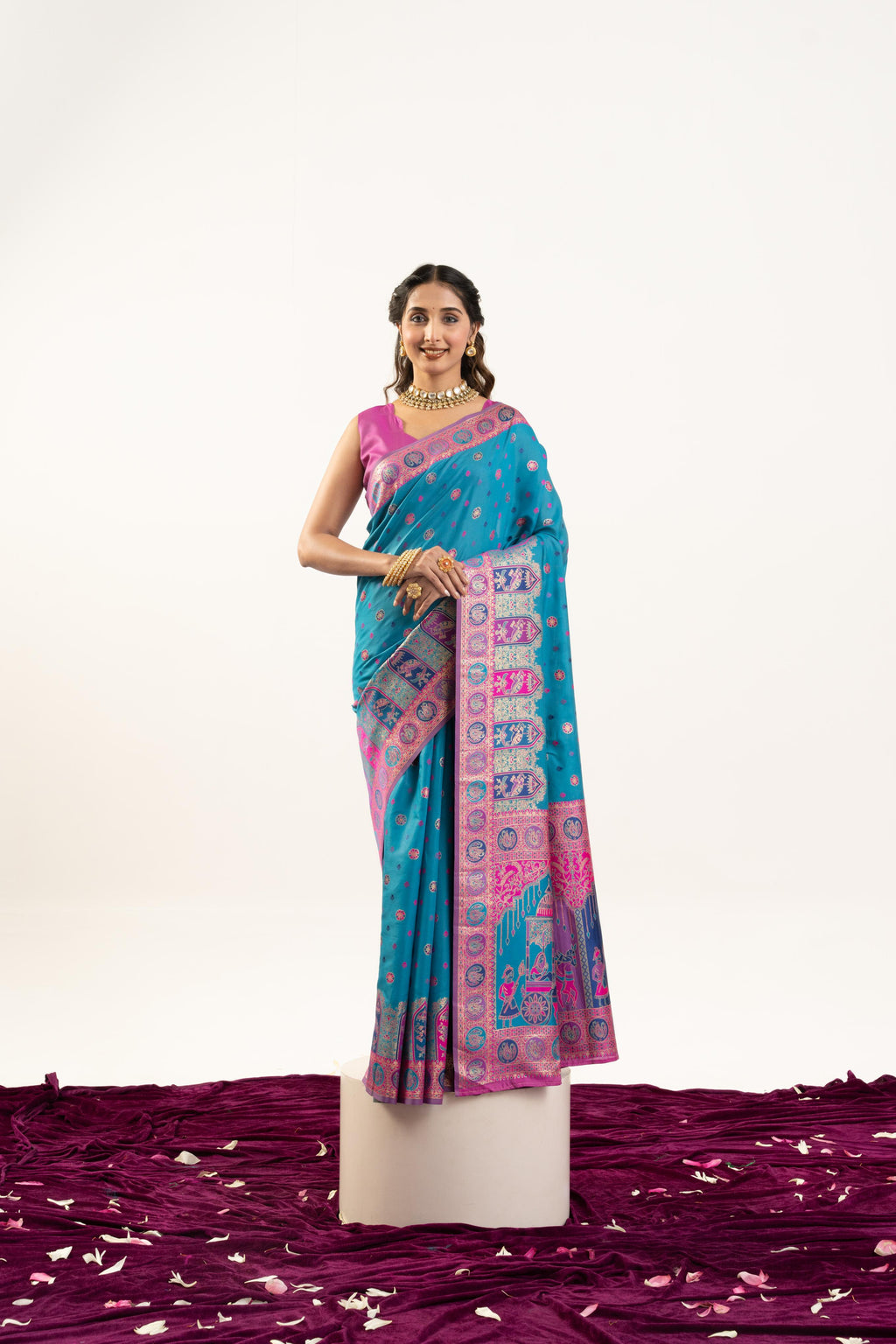 Jyoti Fashion Women's Turquoise Banarasi Pashmina Soft Silk Zari Woven Saree with Blouse