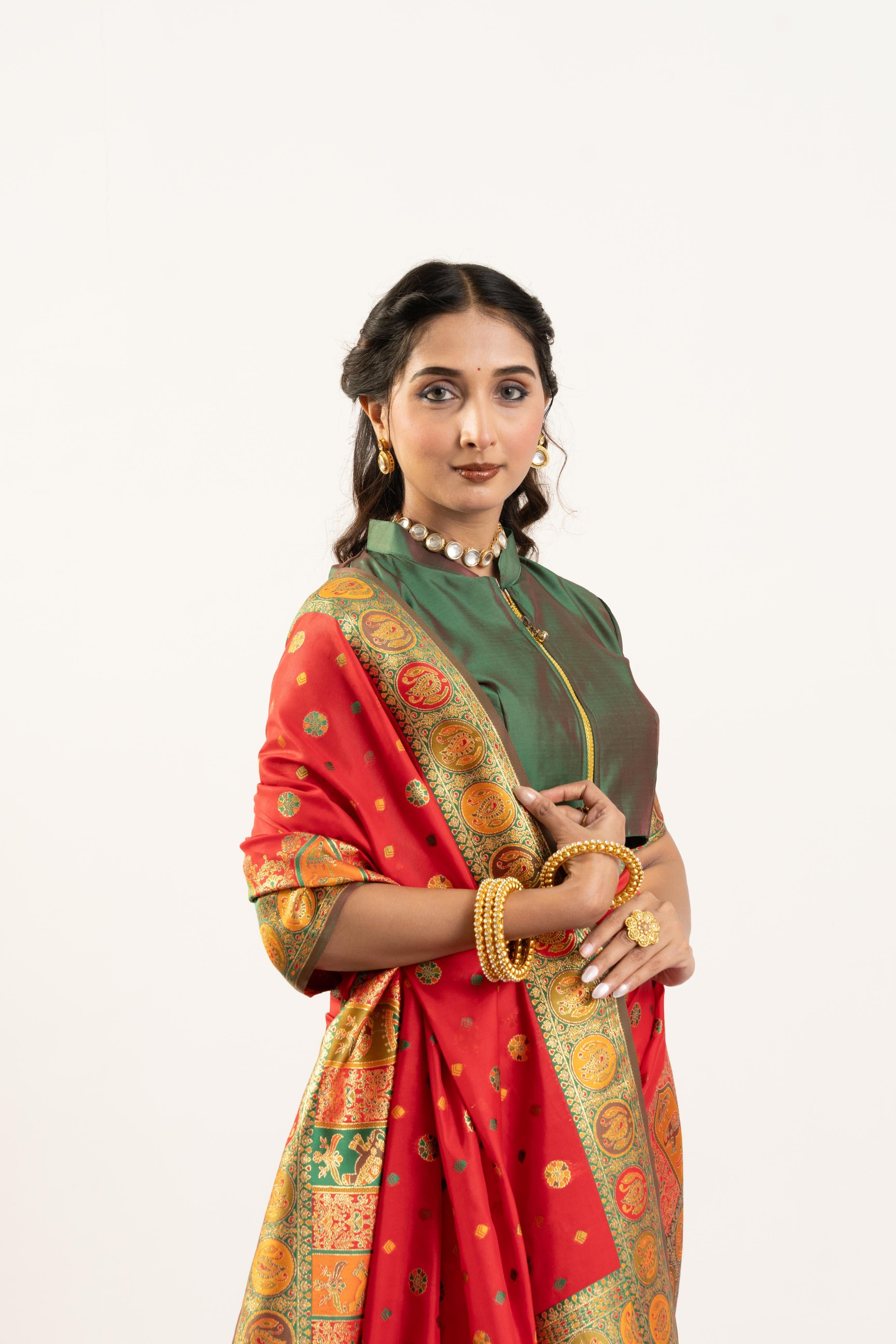 Jyoti Fashion Women's Red Banarasi Pashmina Soft Silk Zari Woven Saree with Blouse