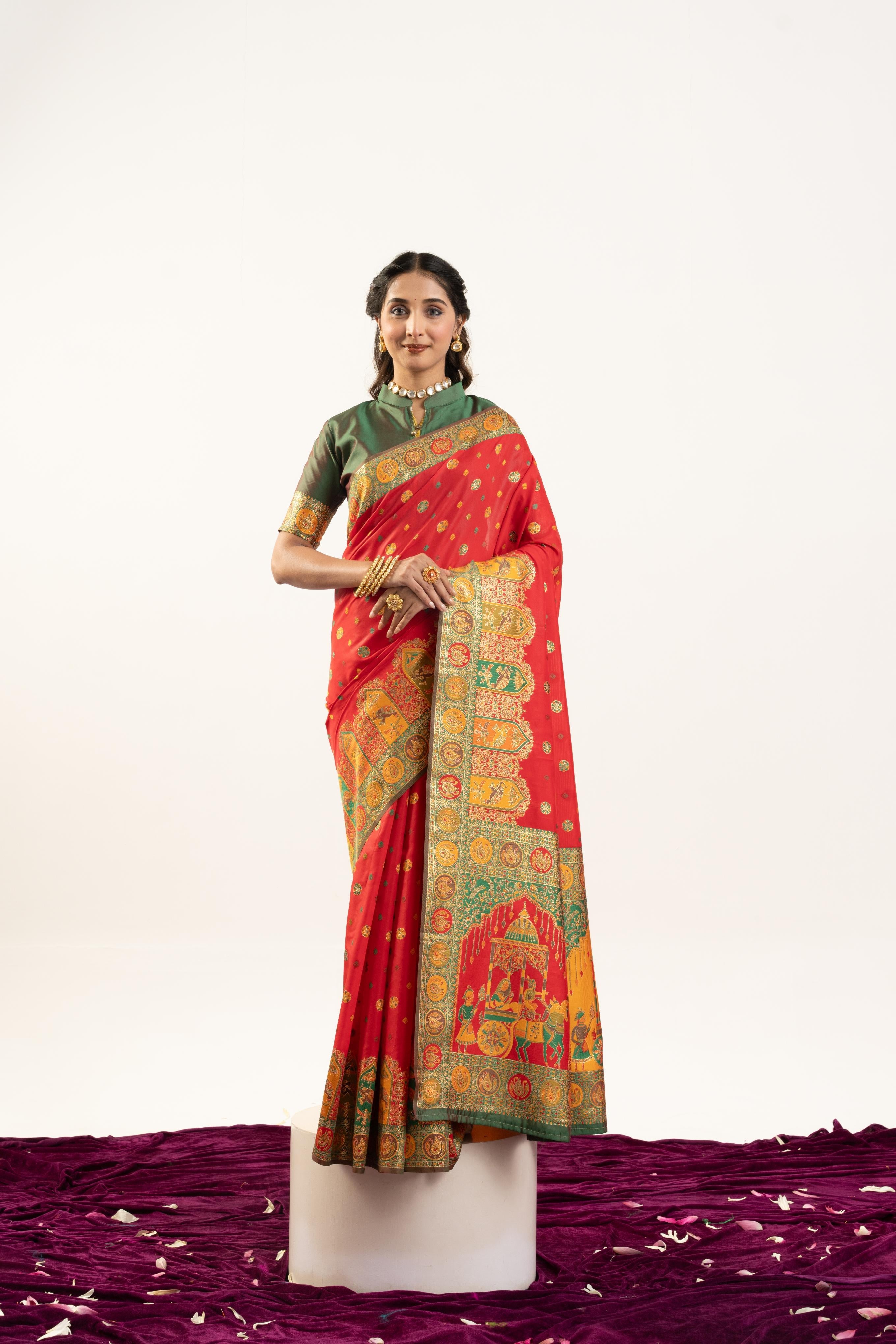 Jyoti Fashion Women's Red Banarasi Pashmina Soft Silk Zari Woven Saree with Blouse