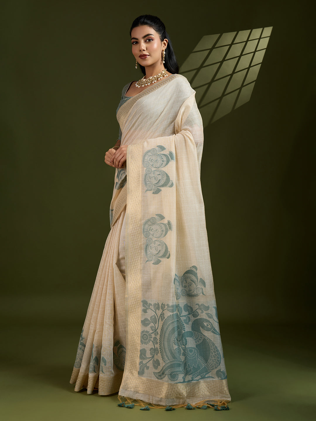 Jyoti Fashion Women's Grey Soft Muga Cotton Kalamkari Woven Saree with Blouse