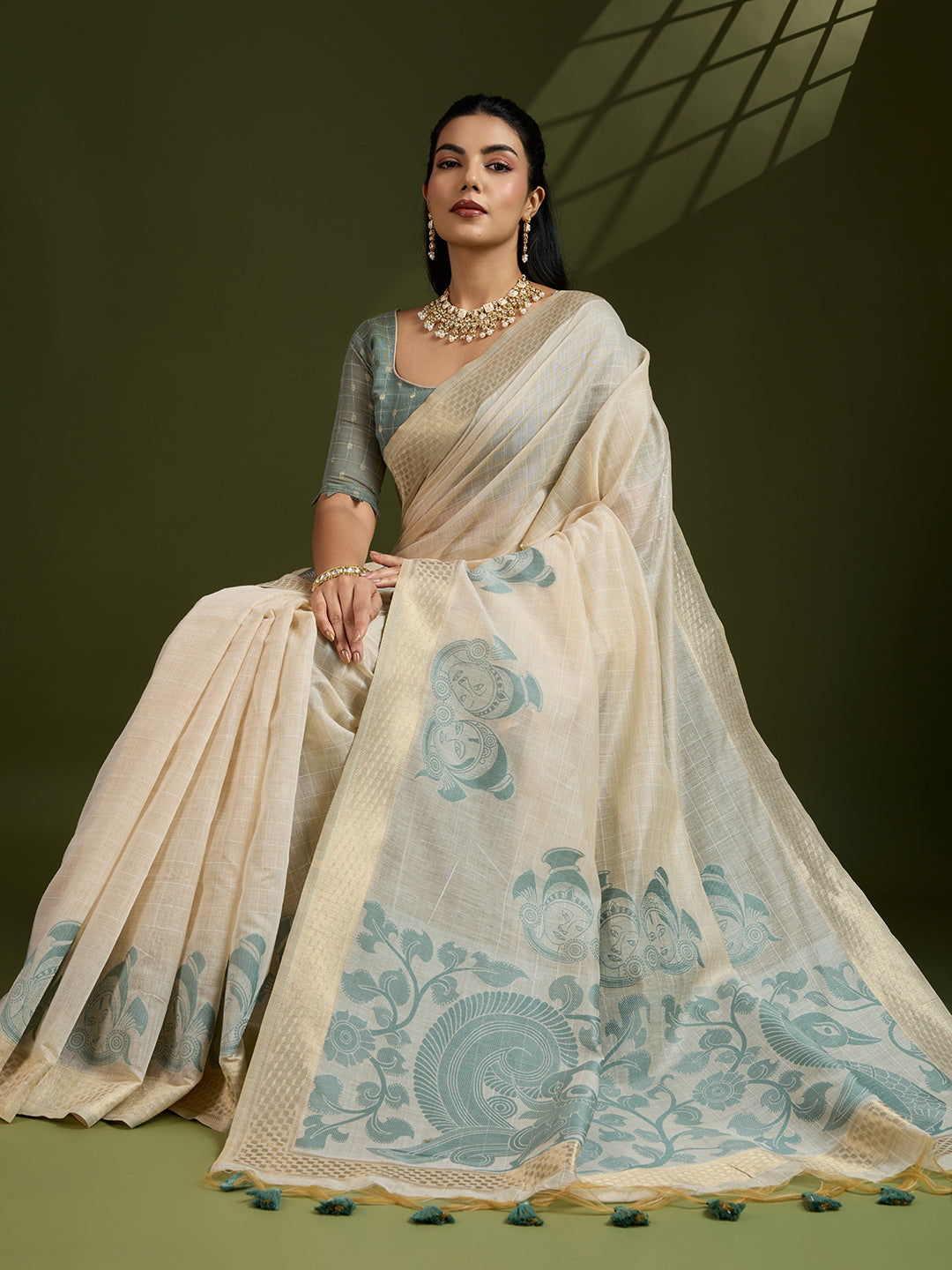 Jyoti Fashion Women's Grey Soft Muga Cotton Kalamkari Woven Saree with Blouse