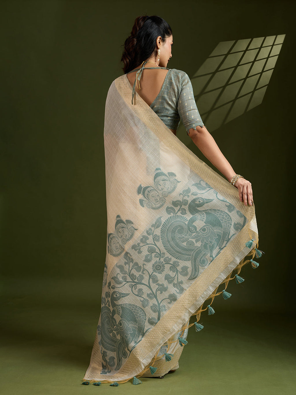 Jyoti Fashion Women's Grey Soft Muga Cotton Kalamkari Woven Saree with Blouse