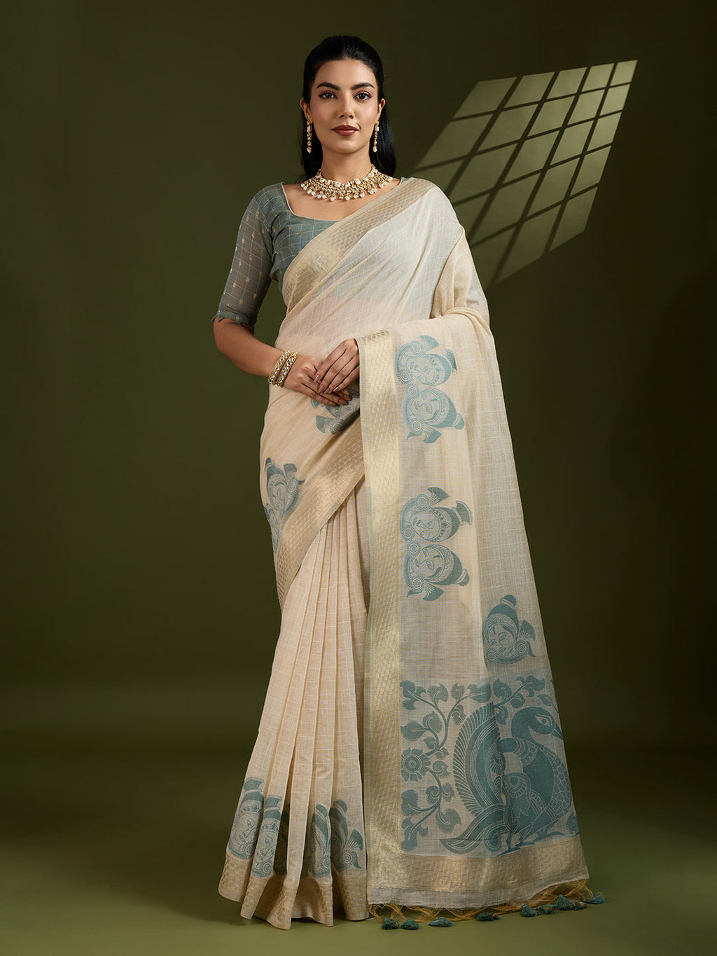 Jyoti Fashion Women's Grey Soft Muga Cotton Kalamkari Woven Saree with Blouse