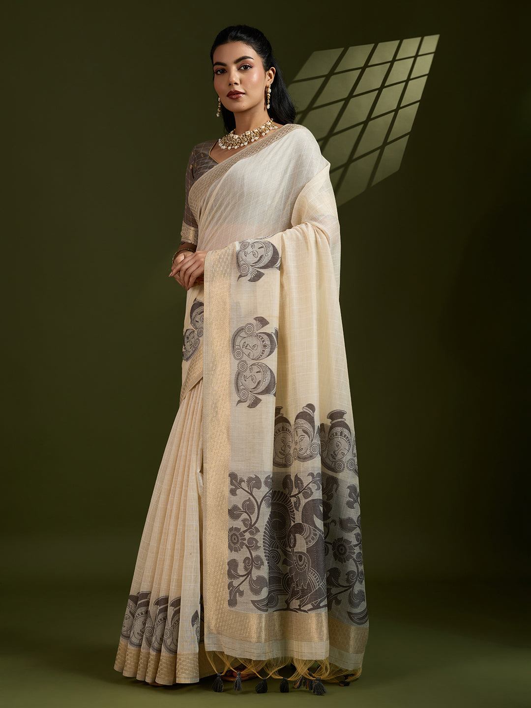 Jyoti Fashion Women's Coffee Soft Muga Cotton Kalamkari Woven Saree with Blouse