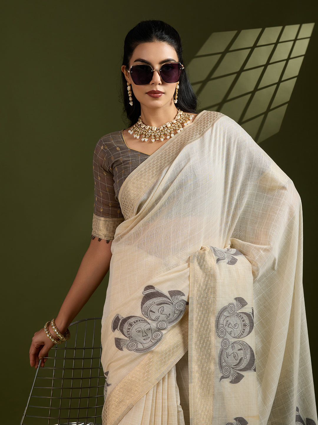 Jyoti Fashion Women's Coffee Soft Muga Cotton Kalamkari Woven Saree with Blouse