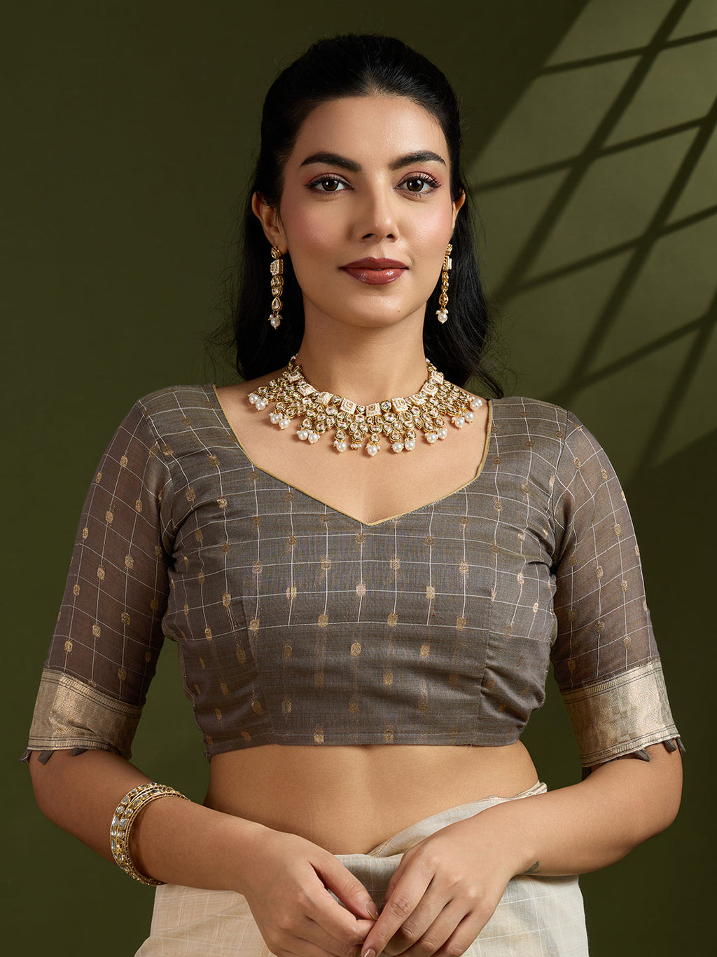 Jyoti Fashion Women's Coffee Soft Muga Cotton Kalamkari Woven Saree with Blouse
