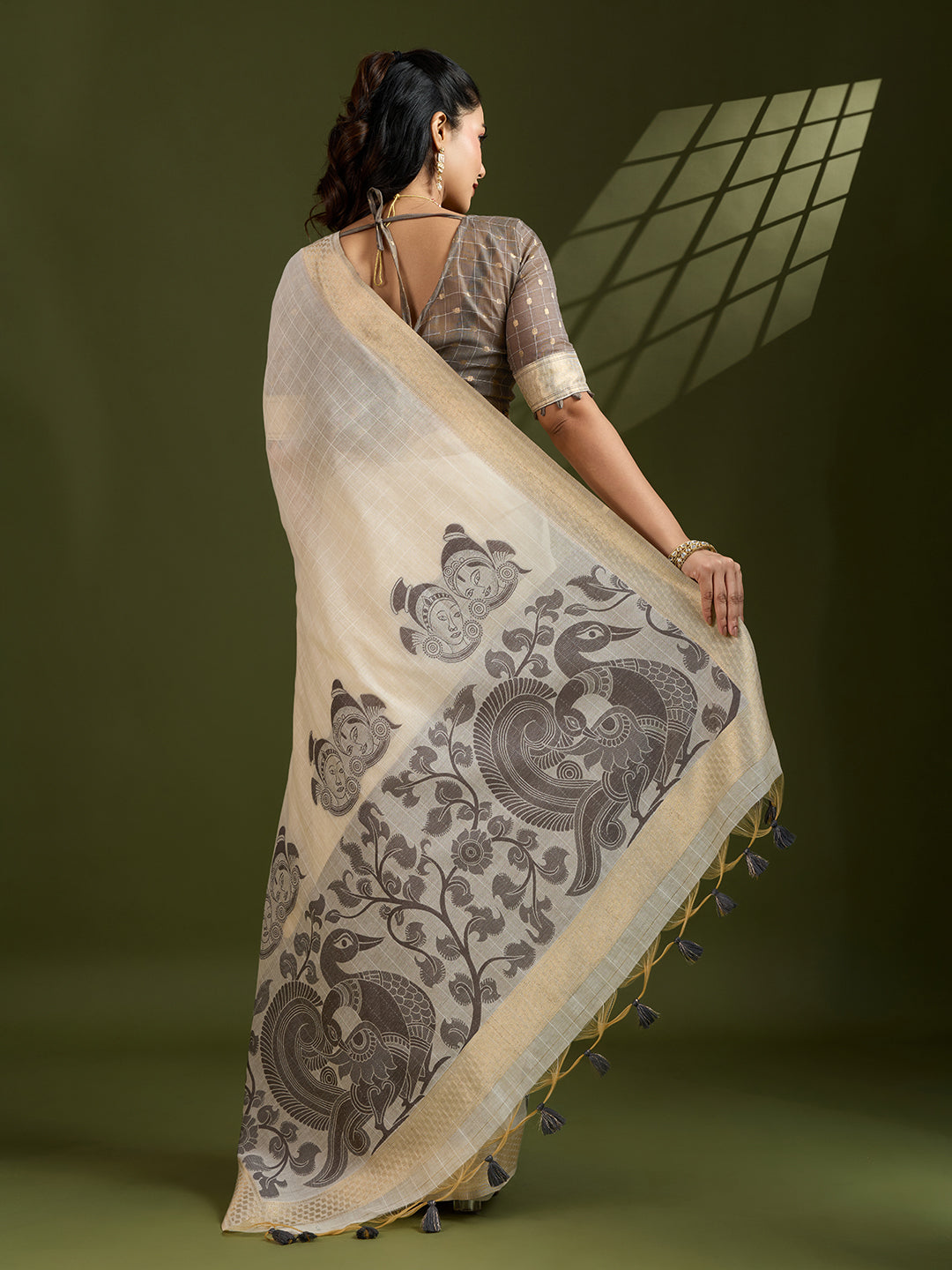 Jyoti Fashion Women's Coffee Soft Muga Cotton Kalamkari Woven Saree with Blouse