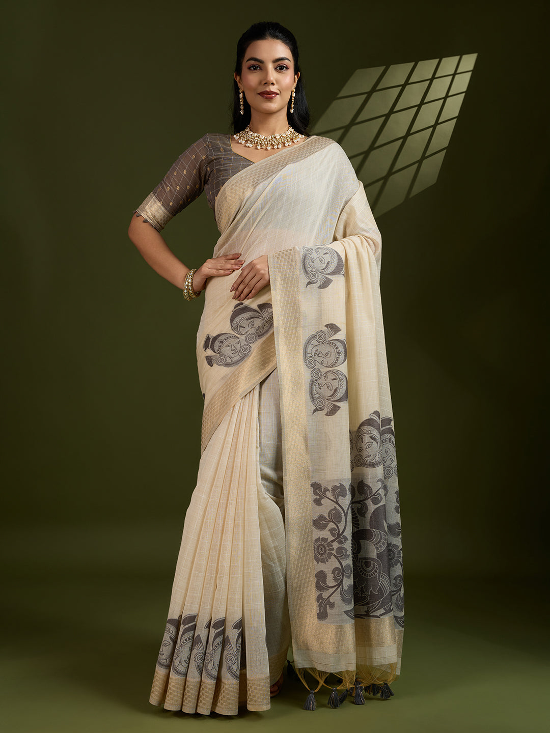Jyoti Fashion Women's Coffee Soft Muga Cotton Kalamkari Woven Saree with Blouse