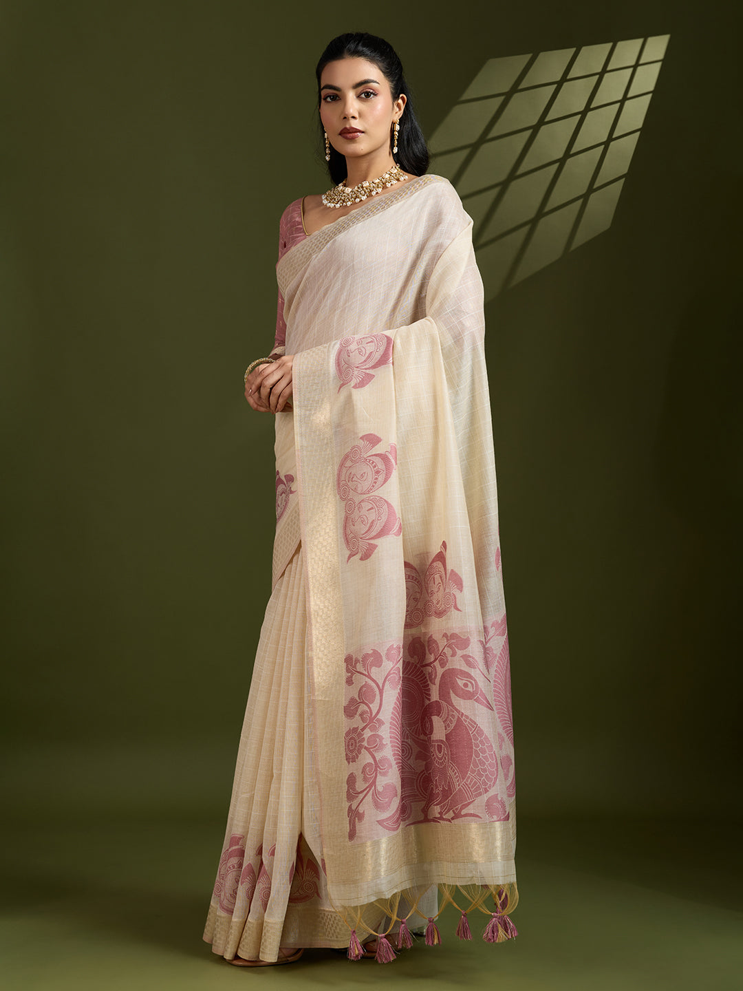 Jyoti Fashion Women's Pink Soft Muga Cotton Kalamkari Woven Saree with Blouse