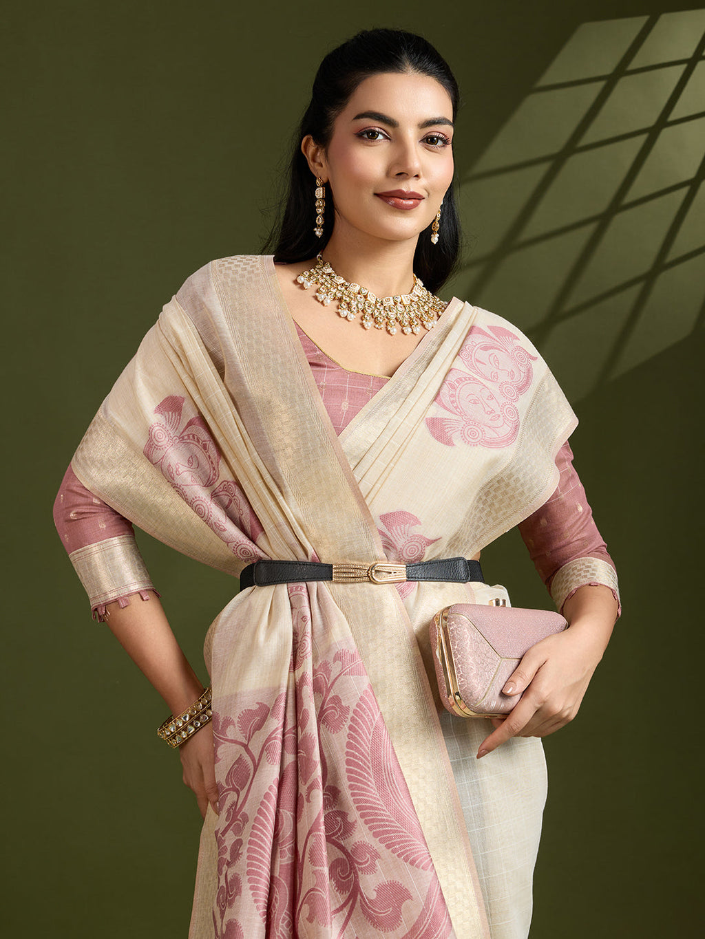 Jyoti Fashion Women's Pink Soft Muga Cotton Kalamkari Woven Saree with Blouse