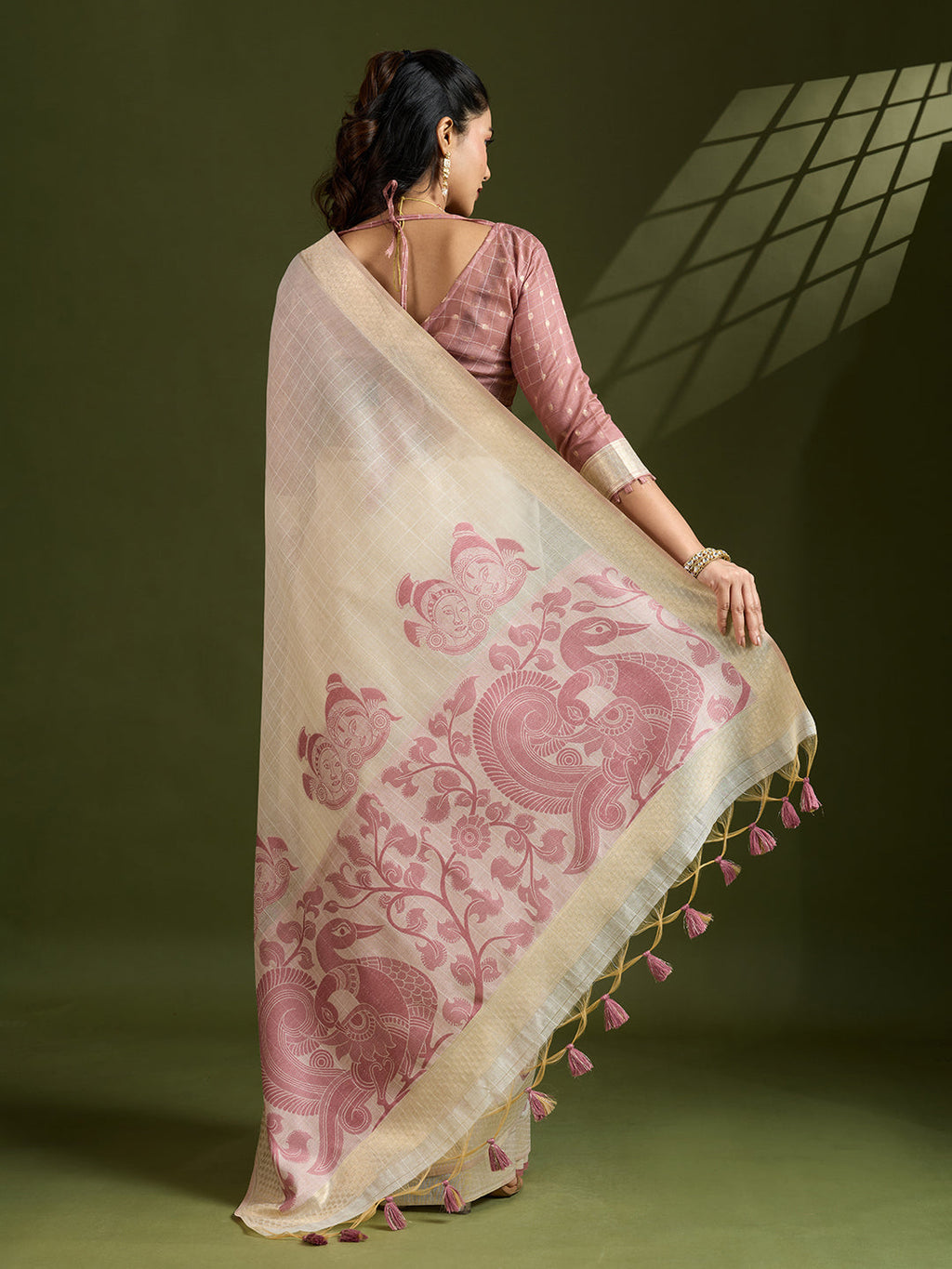 Jyoti Fashion Women's Pink Soft Muga Cotton Kalamkari Woven Saree with Blouse