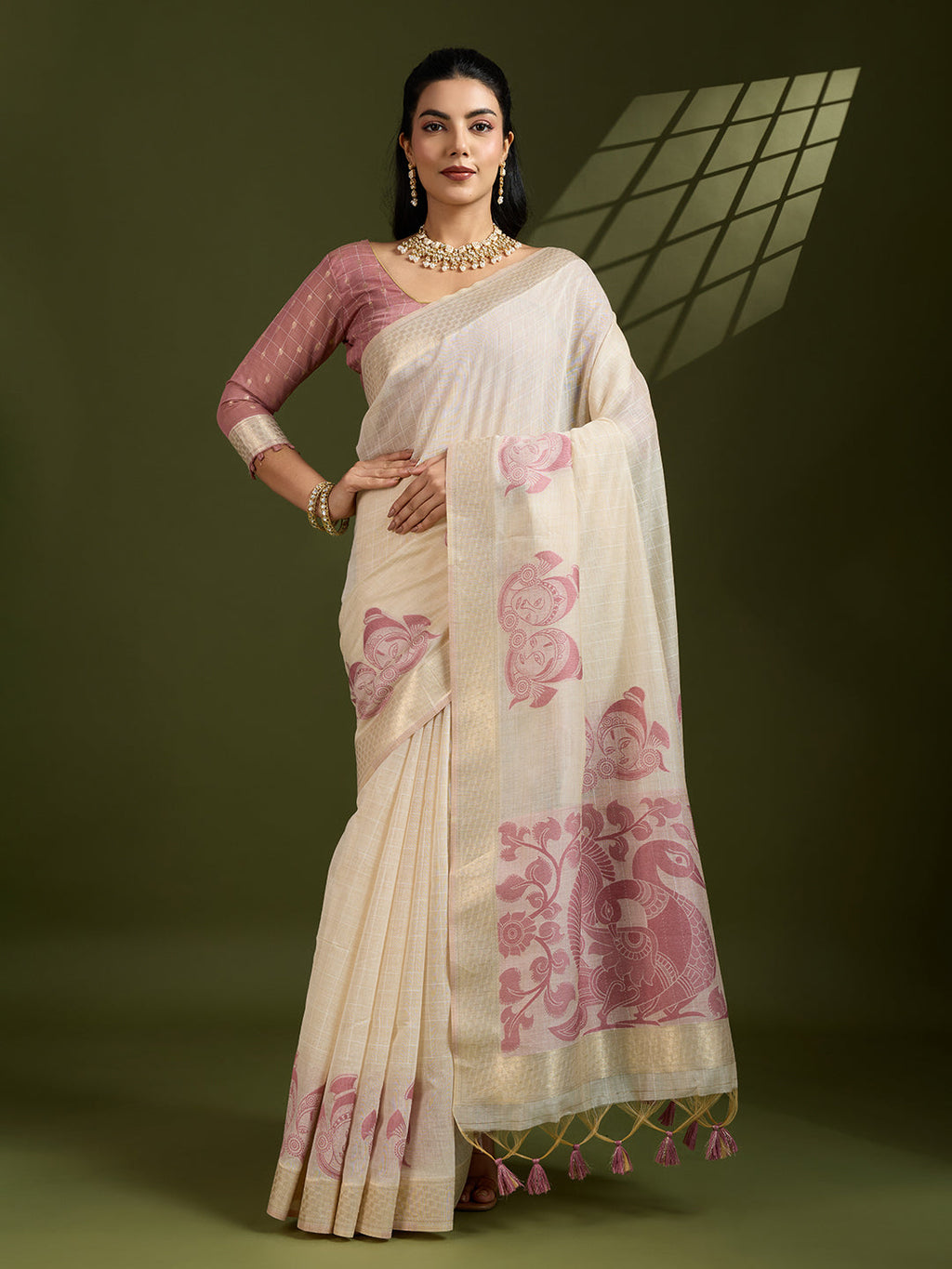 Jyoti Fashion Women's Pink Soft Muga Cotton Kalamkari Woven Saree with Blouse