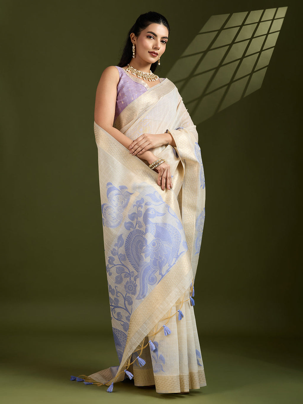 Jyoti Fashion Women's Purple Soft Muga Cotton Kalamkari Woven Saree with Blouse