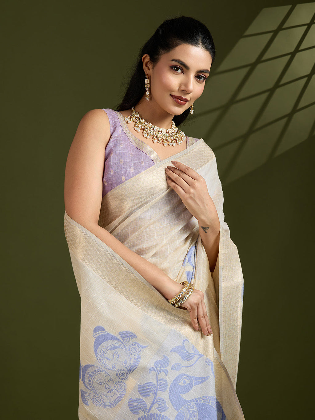 Jyoti Fashion Women's Purple Soft Muga Cotton Kalamkari Woven Saree with Blouse