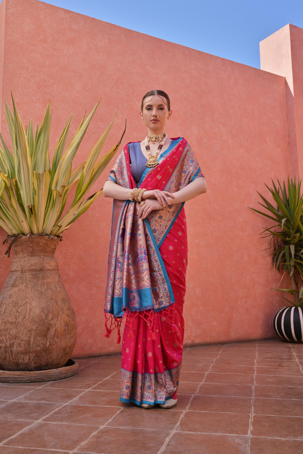Jyoti Fashion Women's Rani Pink Paithani Silk Zari Woven Saree with Blouse