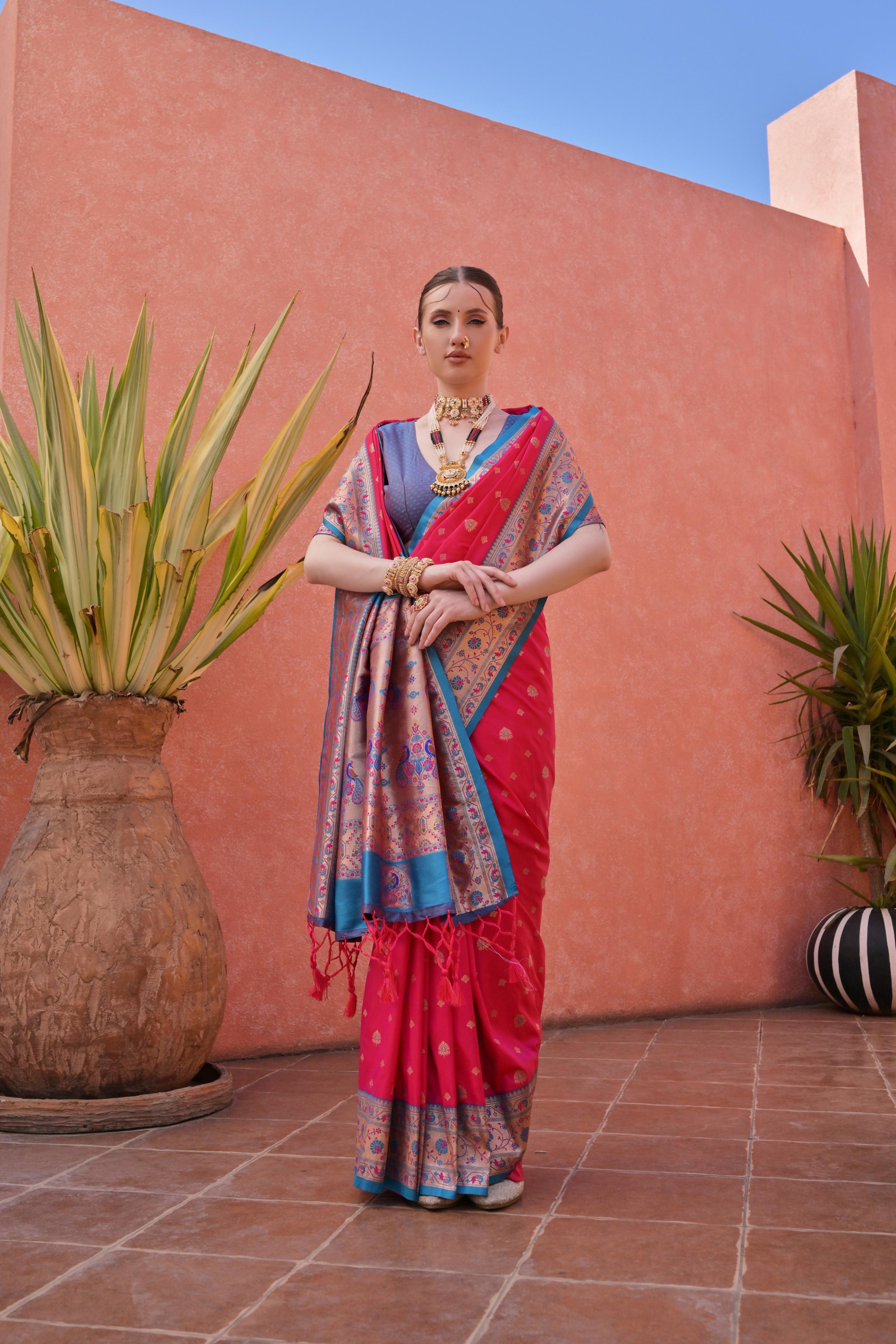 Jyoti Fashion Women's Rani Pink Paithani Silk Zari Woven Saree with Blouse