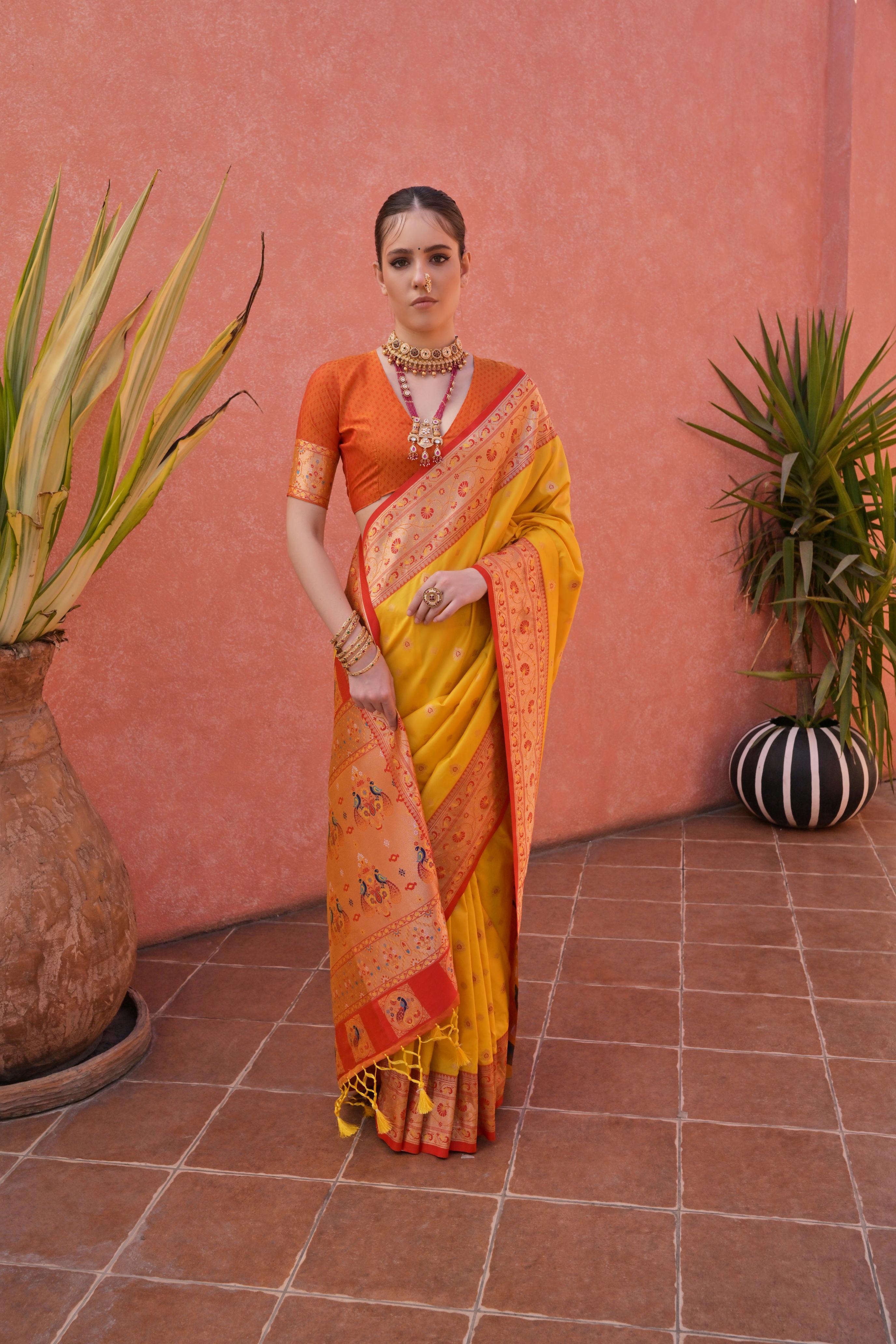 Jyoti Fashion Women's Yellow Paithani Silk Zari Woven Saree with Blouse