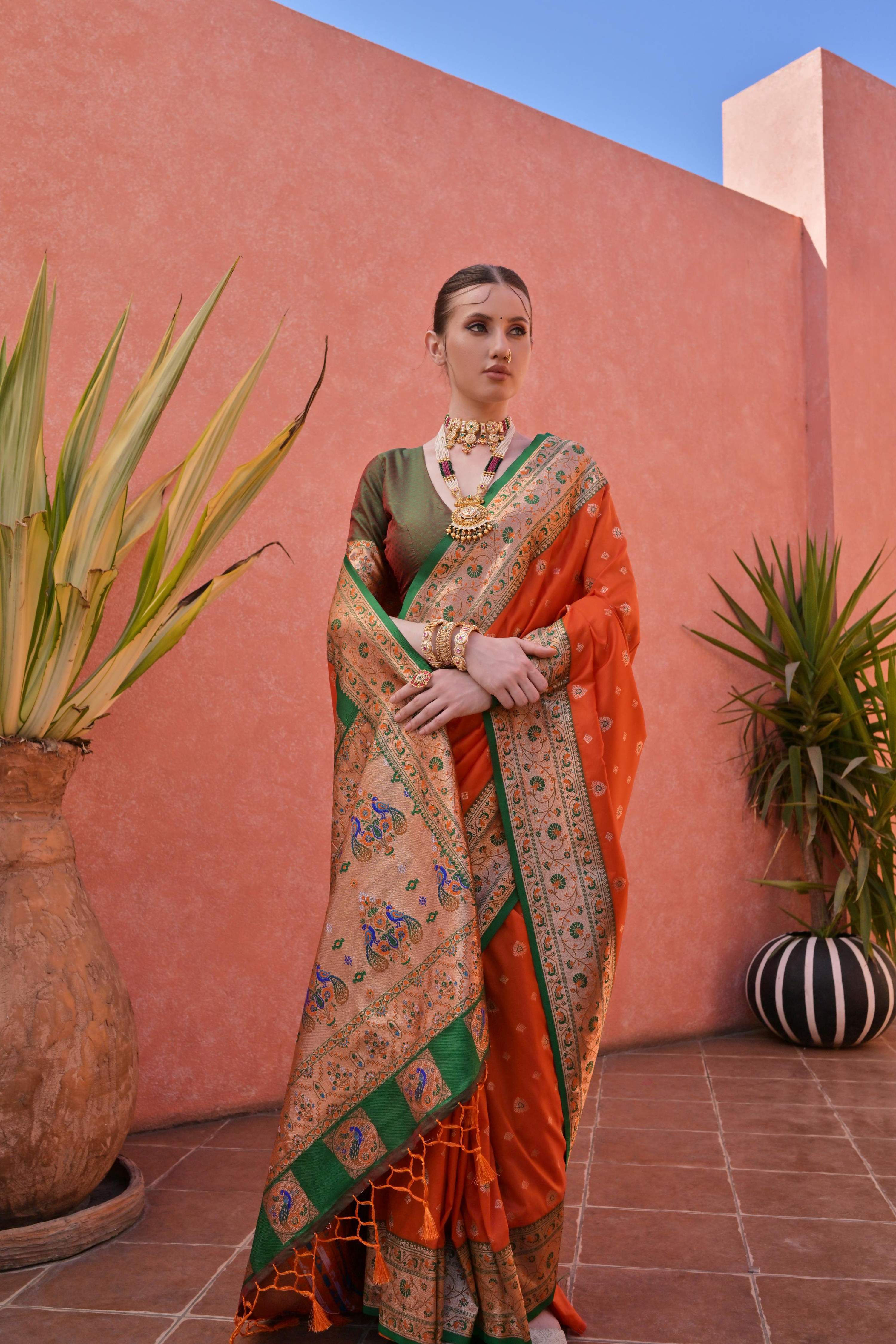 Jyoti Fashion Women's Orange Paithani Silk Zari Woven Saree with Blouse