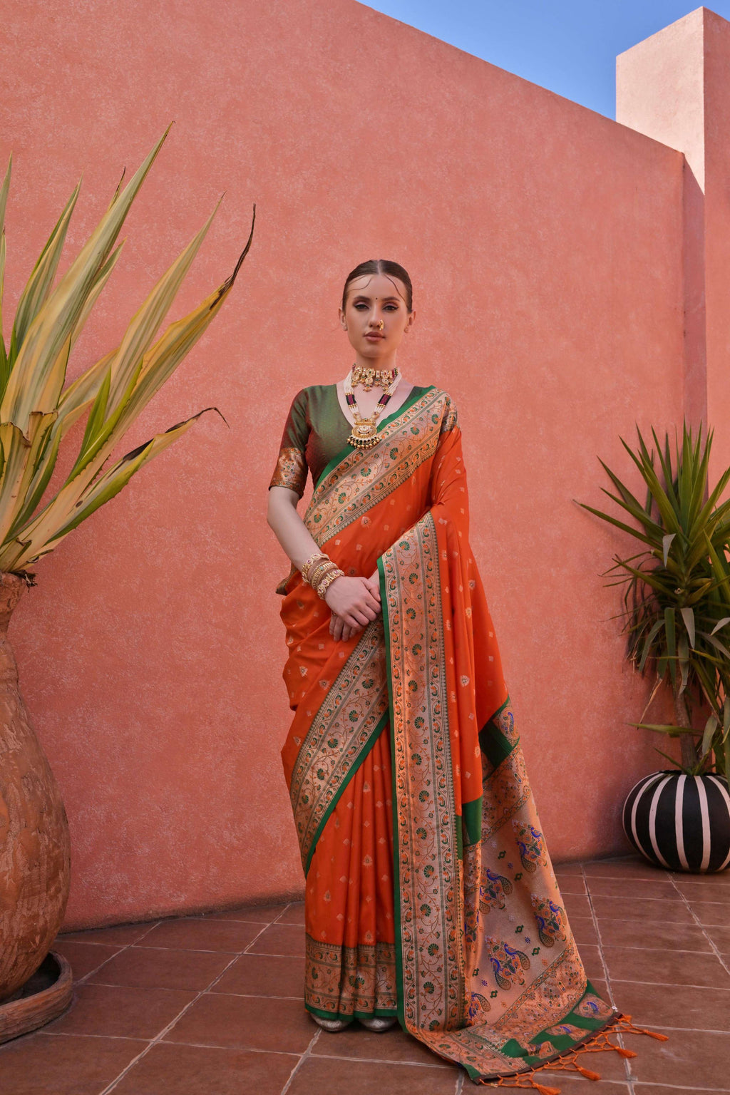 Jyoti Fashion Women's Orange Paithani Silk Zari Woven Saree with Blouse