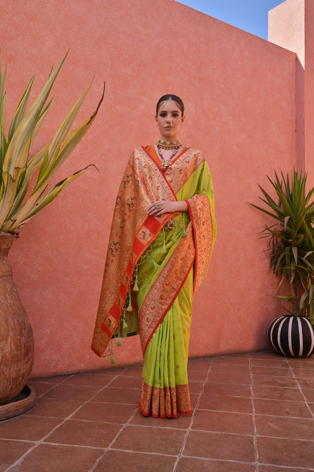 Jyoti Fashion Women's Pista Green Paithani Silk Zari Woven Saree with Blouse