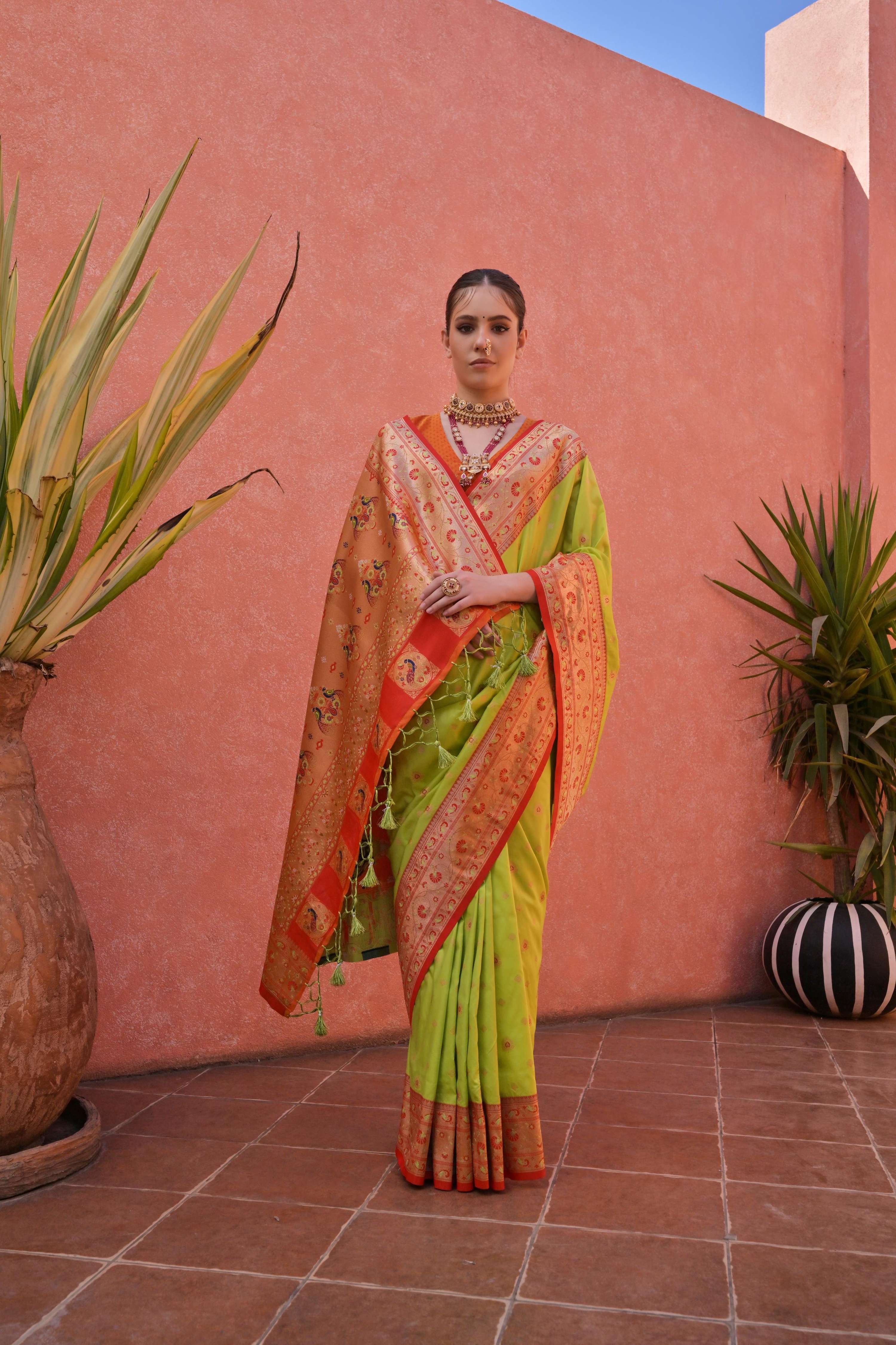 Jyoti Fashion Women's Pista Green Paithani Silk Zari Woven Saree with Blouse