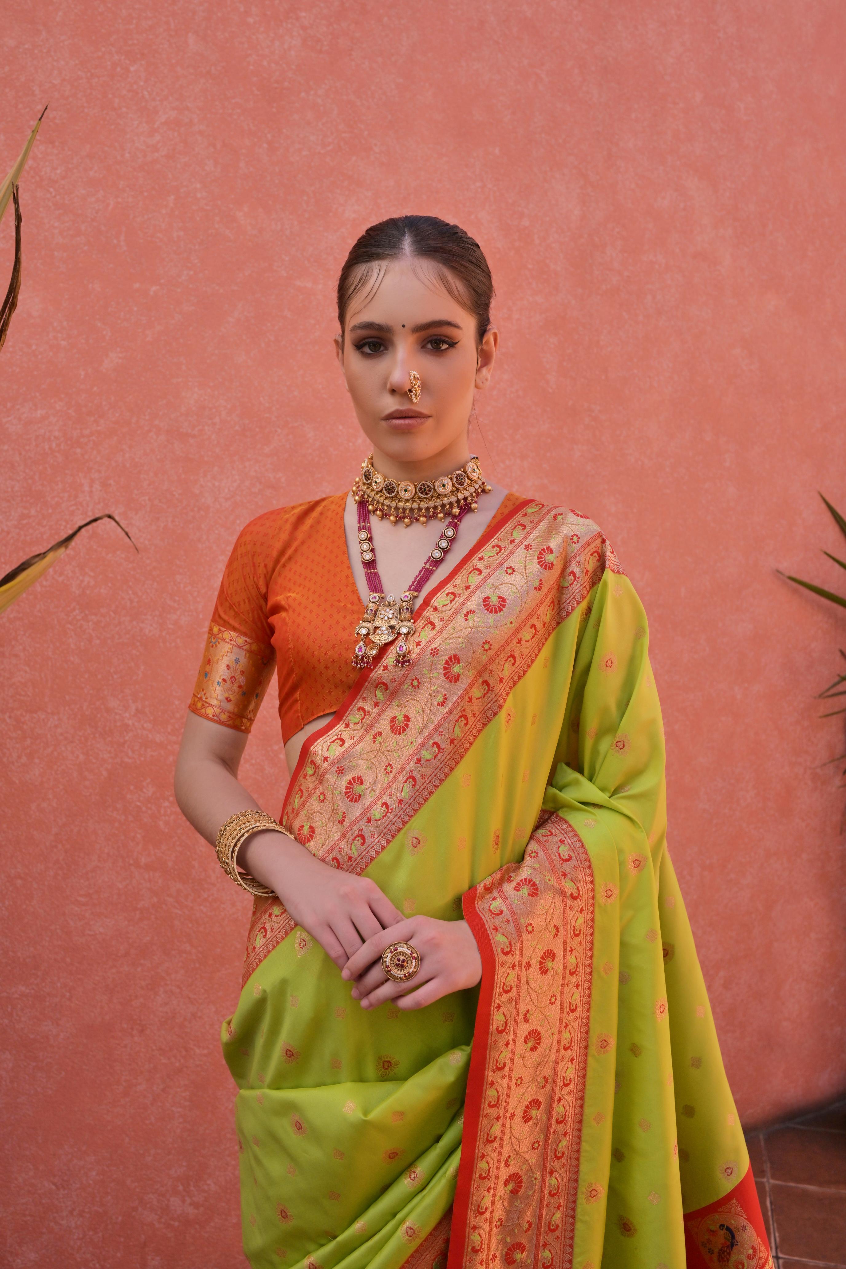 Jyoti Fashion Women's Pista Green Paithani Silk Zari Woven Saree with Blouse