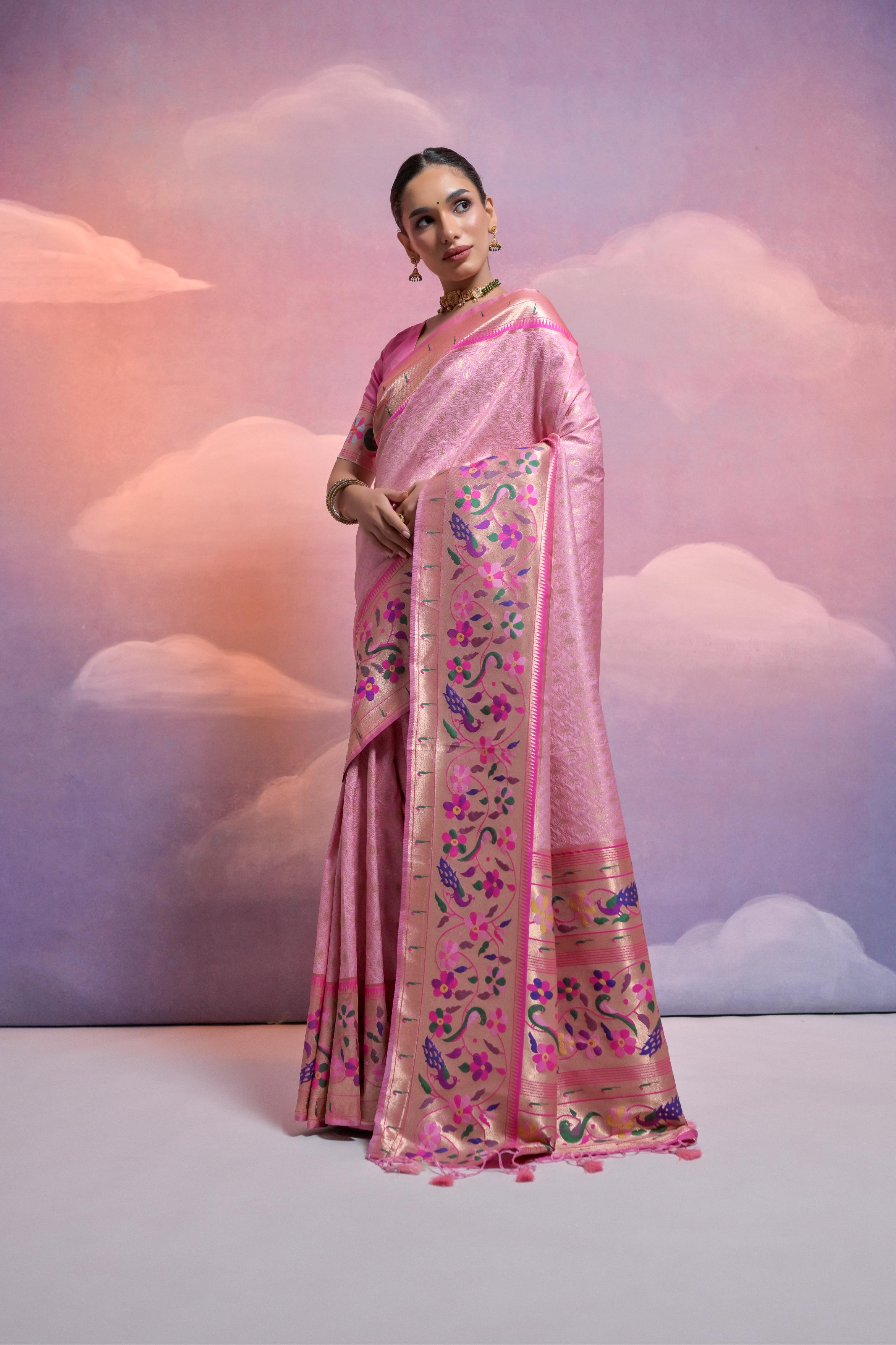 Jyoti Fashion Women's Baby Pink Paithani Silk Zari Woven Saree with Blouse