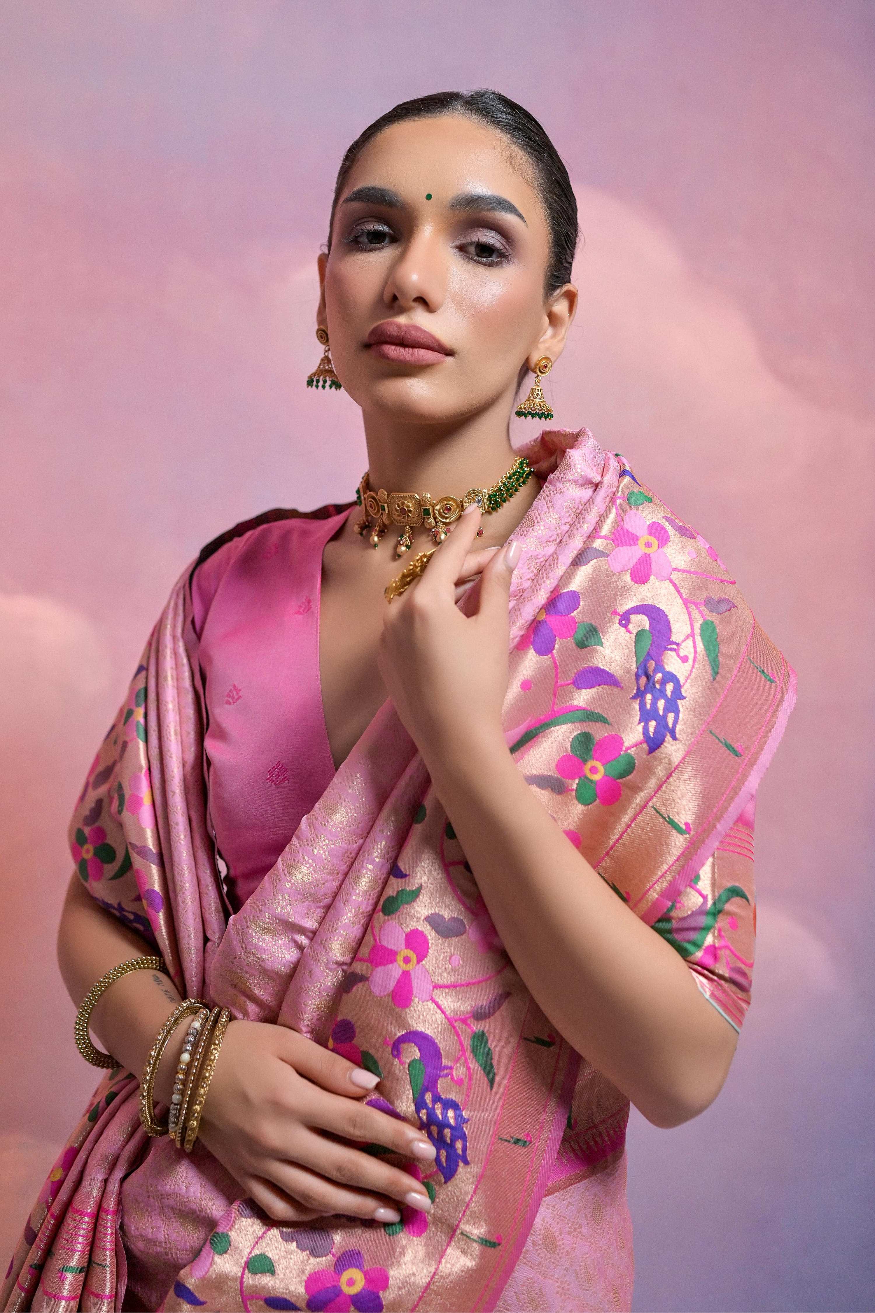 Jyoti Fashion Women's Baby Pink Paithani Silk Zari Woven Saree with Blouse