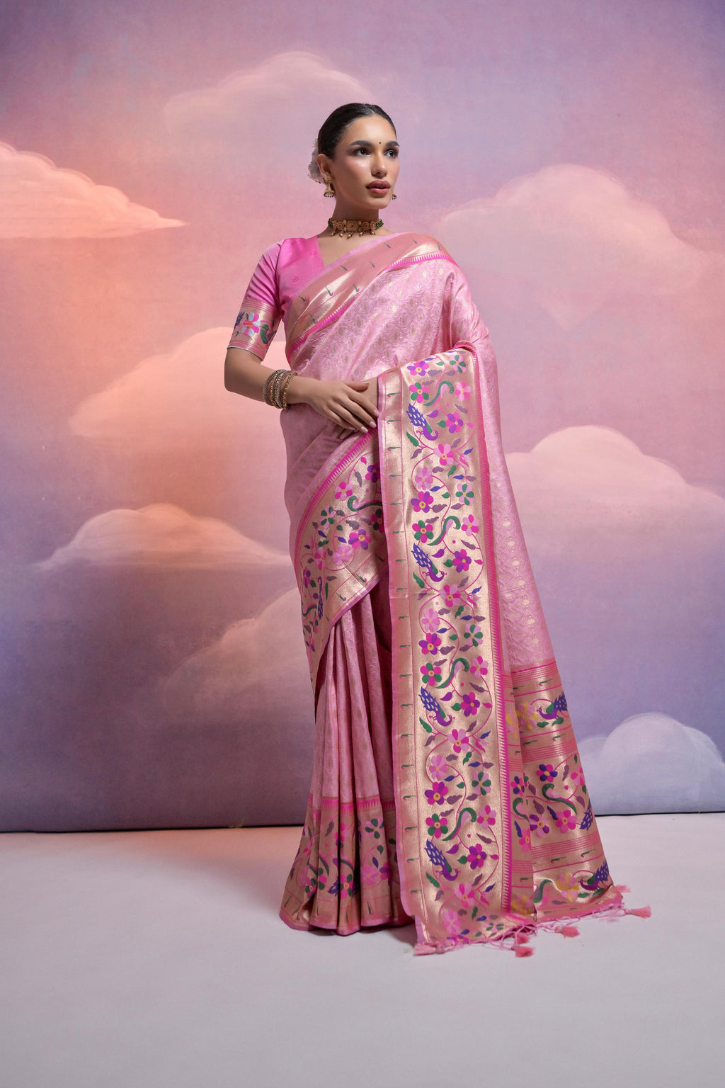 Jyoti Fashion Women's Baby Pink Paithani Silk Zari Woven Saree with Blouse
